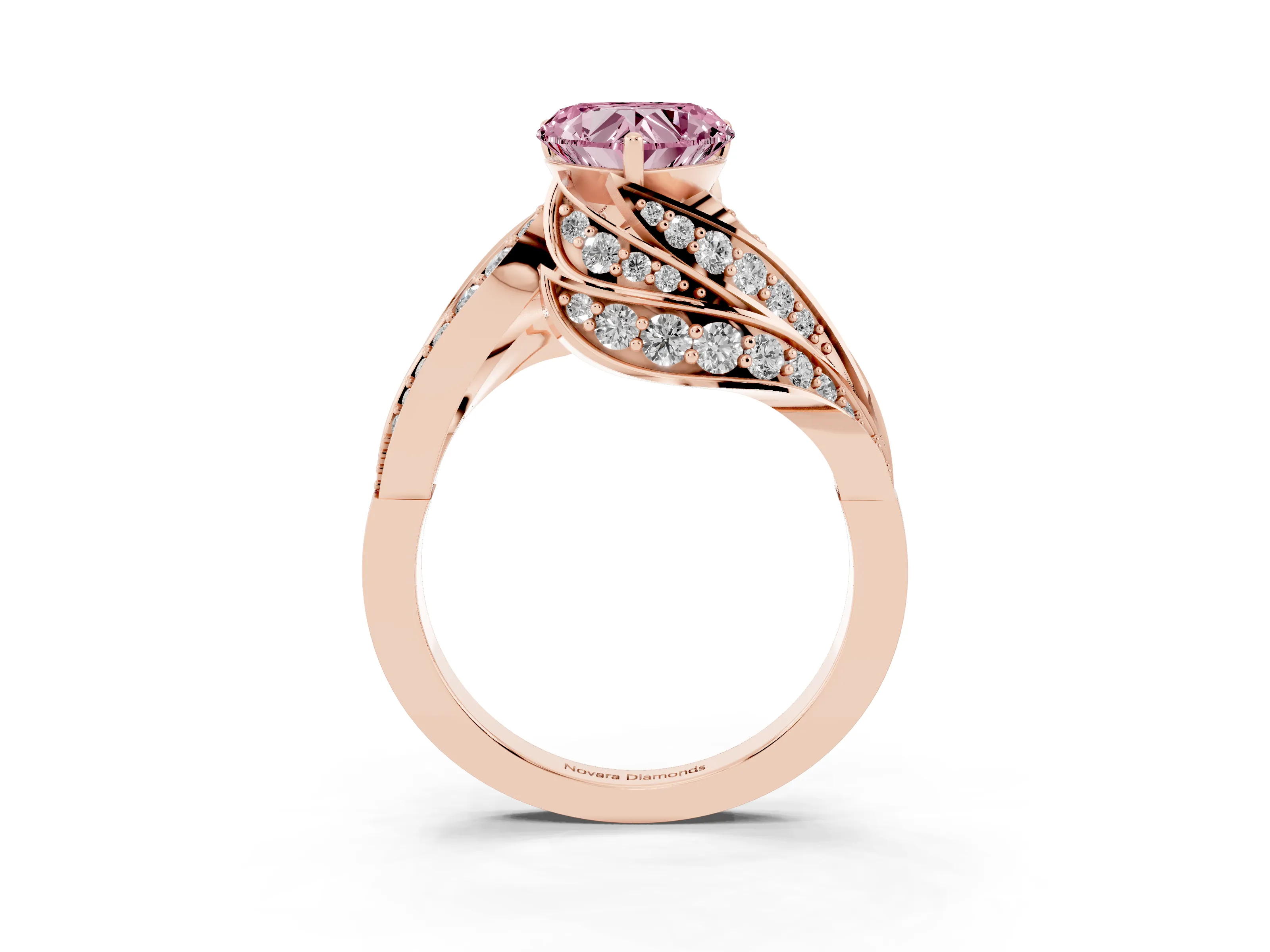 Fancy Pink Heart Cut Diamond Solitaire Ring Set in Rose gold with Layered Twist Pavé Band
