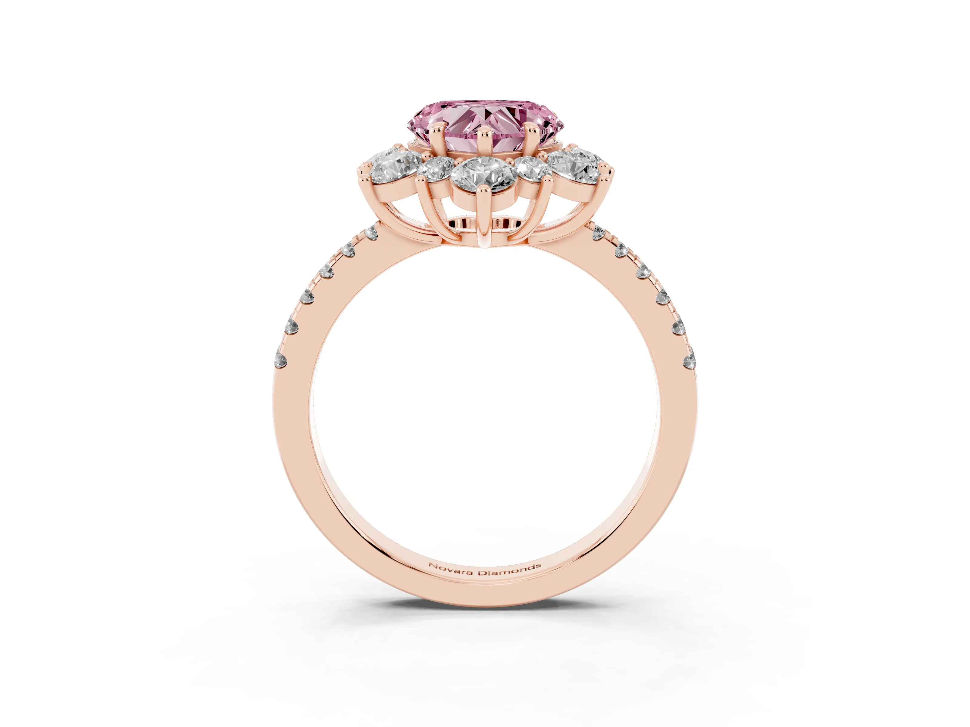 Fancy Pink Heart Cut Diamond Floral Halo Ring Set in Rose gold with Round Pavé Band and Prong Setting