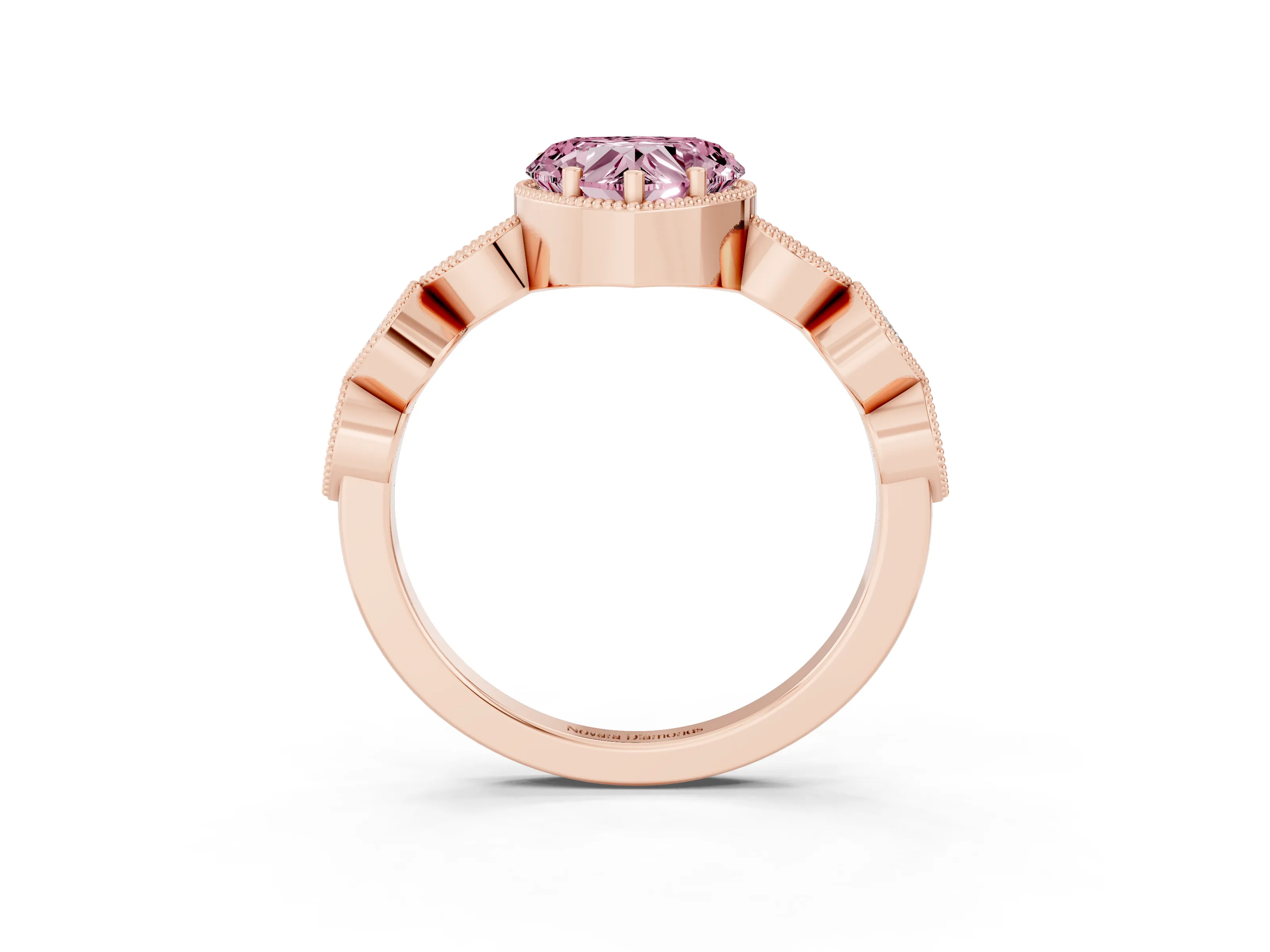 Fancy Pink Heart Cut Diamond Vintage-Inspired Milgrain Ring Set in Rose gold with Marquise Stations of Round Accents