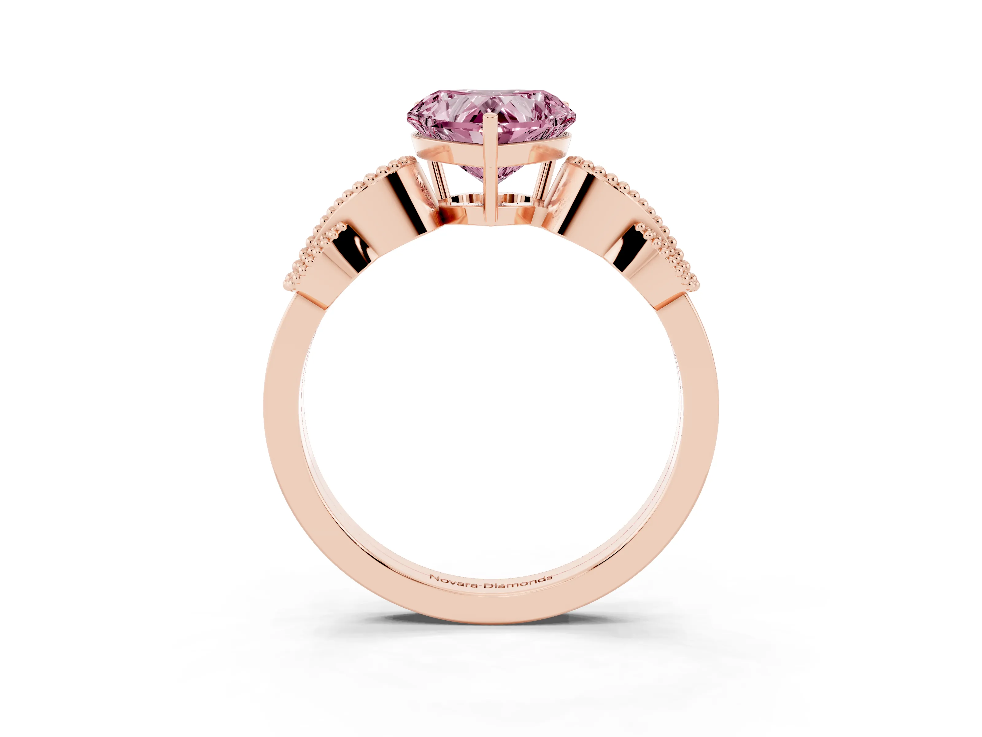 Fancy Pink Heart Cut Diamond Milgrain Leaf Band Solitaire Ring Set in Rose gold with Accent Stones and Prong Setting