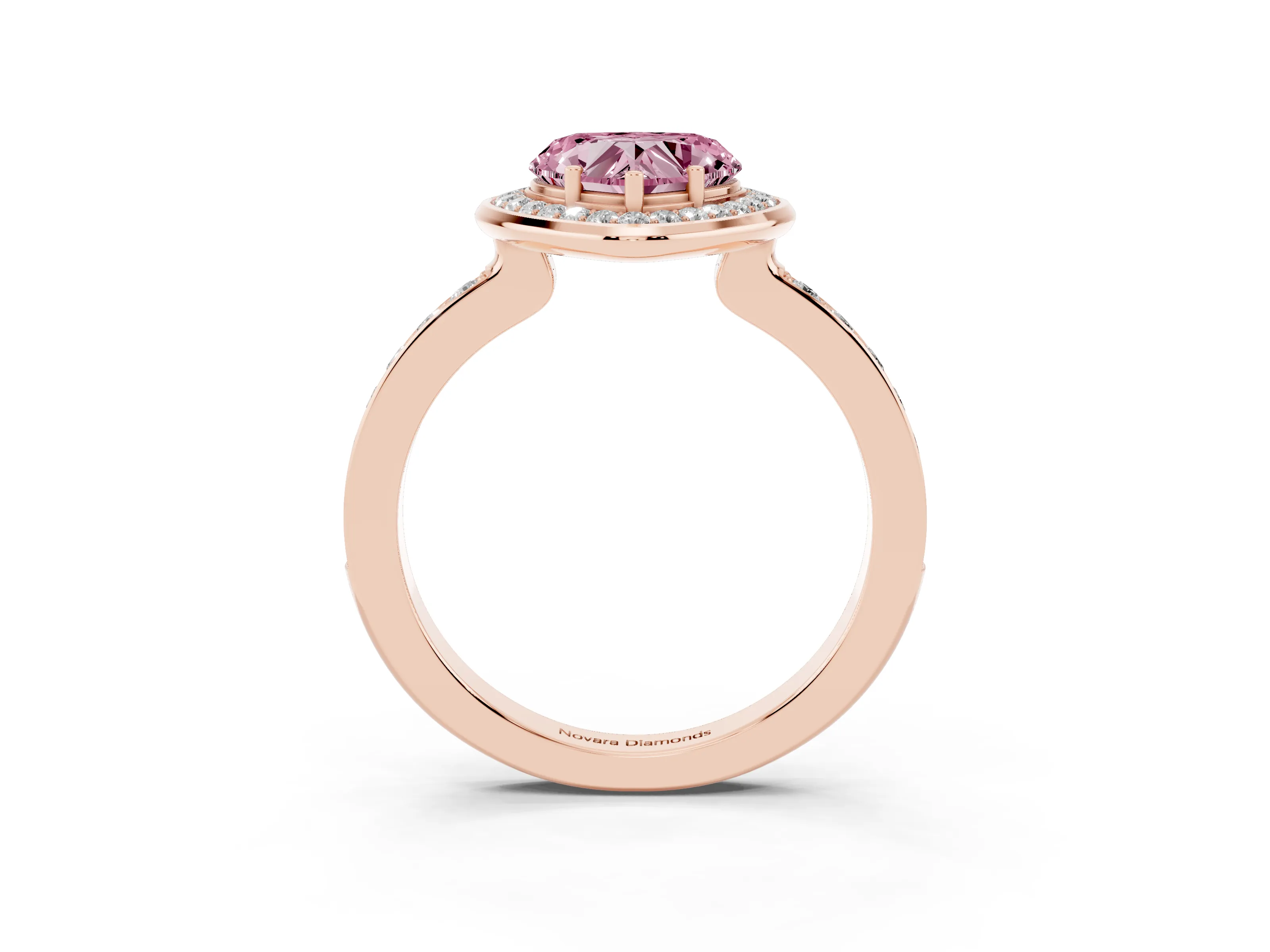Fancy Pink Heart Cut Diamond Halo Ring Set in Rose gold with Bezel Frame and Pavé Band