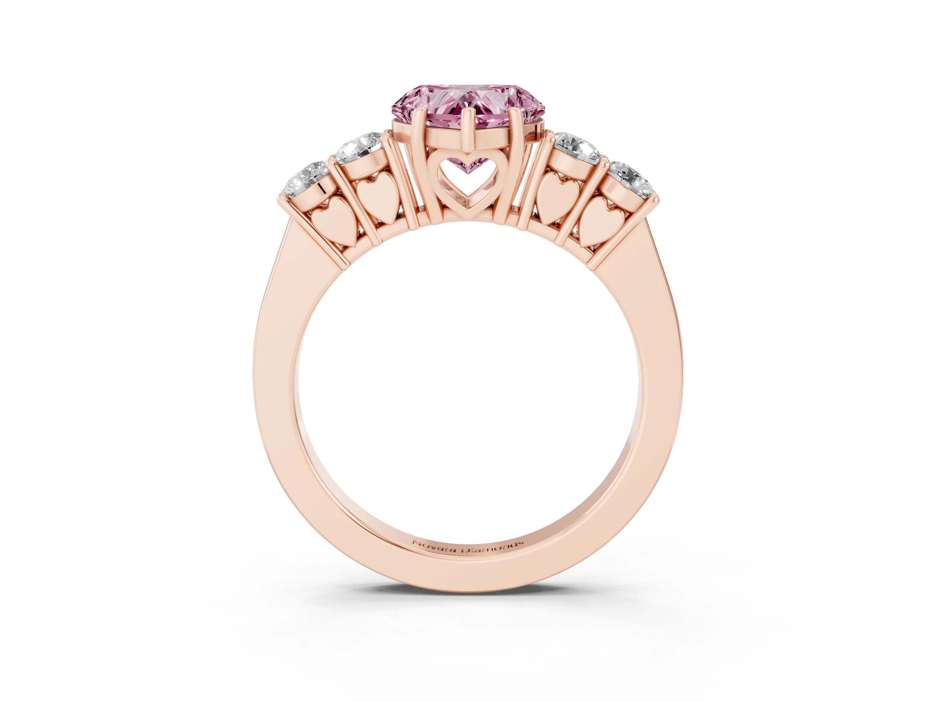 Fancy Pink Heart Cut Diamond Five-Stone Prong Set Band Ring Set in Rose gold with Polished Band