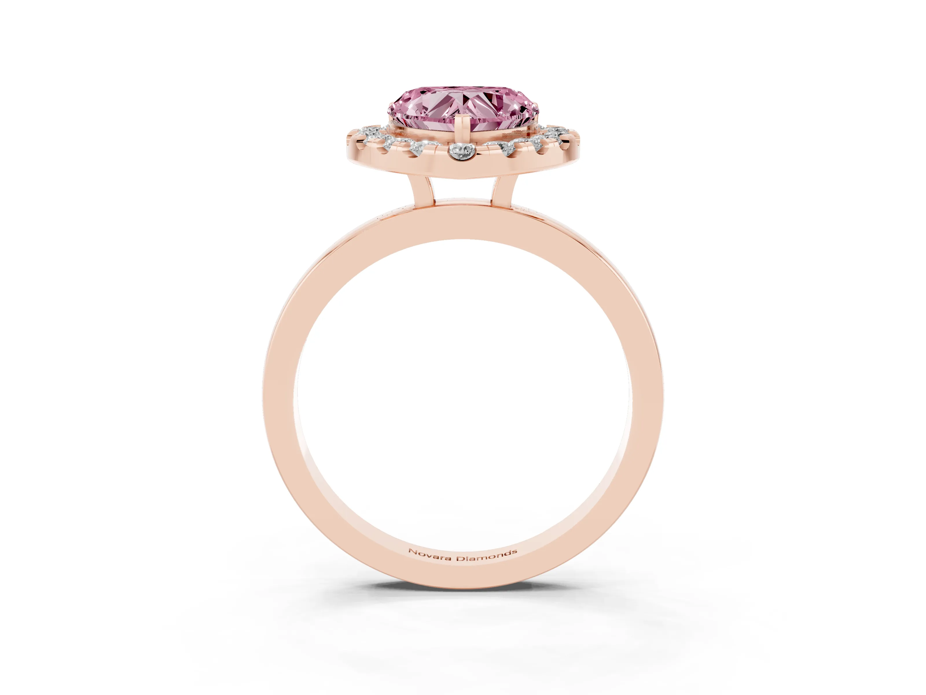 Fancy Pink Heart Cut Diamond Halo Solitaire Ring Set in Rose gold with Pavé Band and Prong Setting