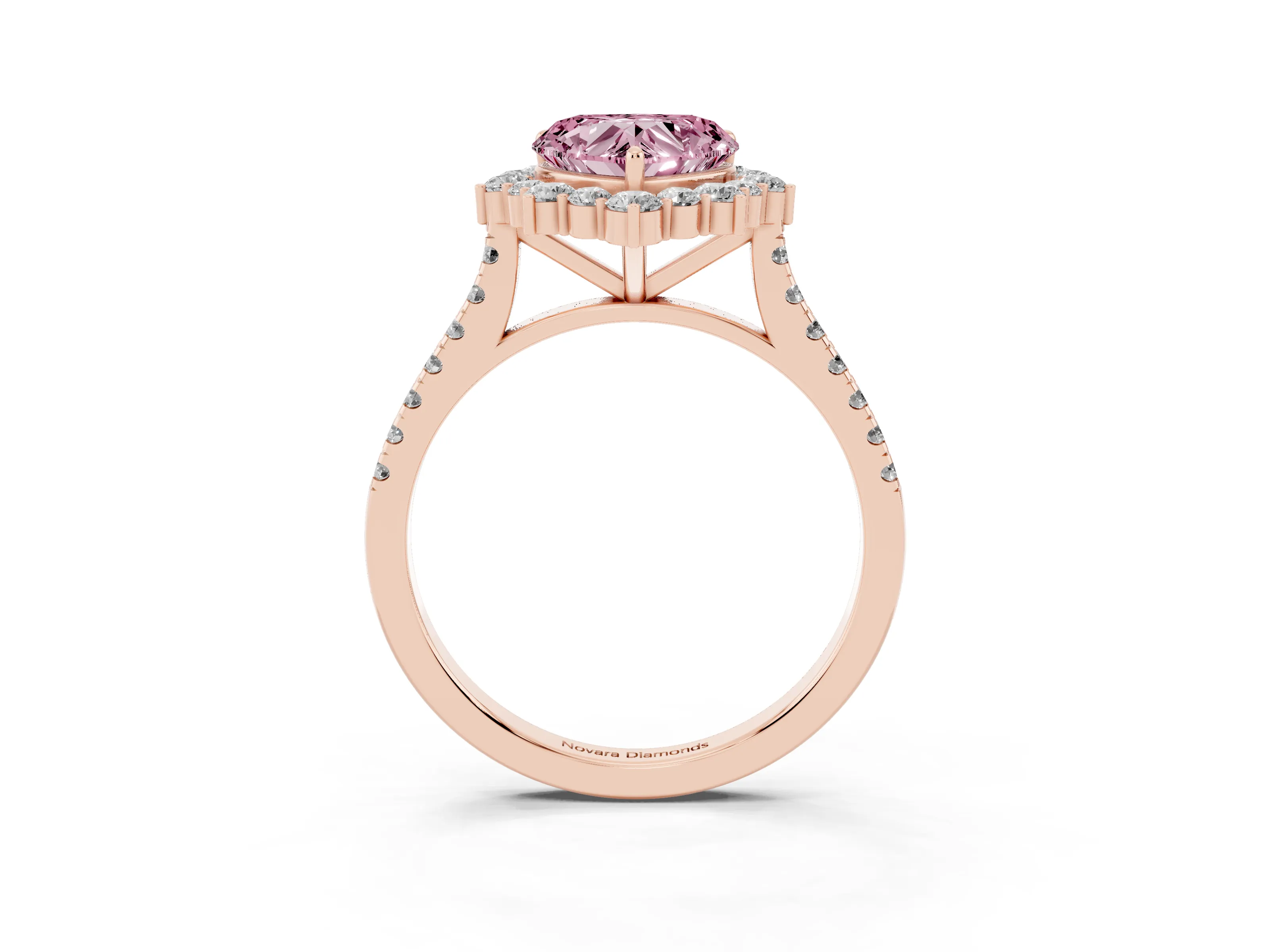 Fancy Pink Heart Cut Diamond Halo Ring Set in Rose gold with Pavé Band and Prong Setting