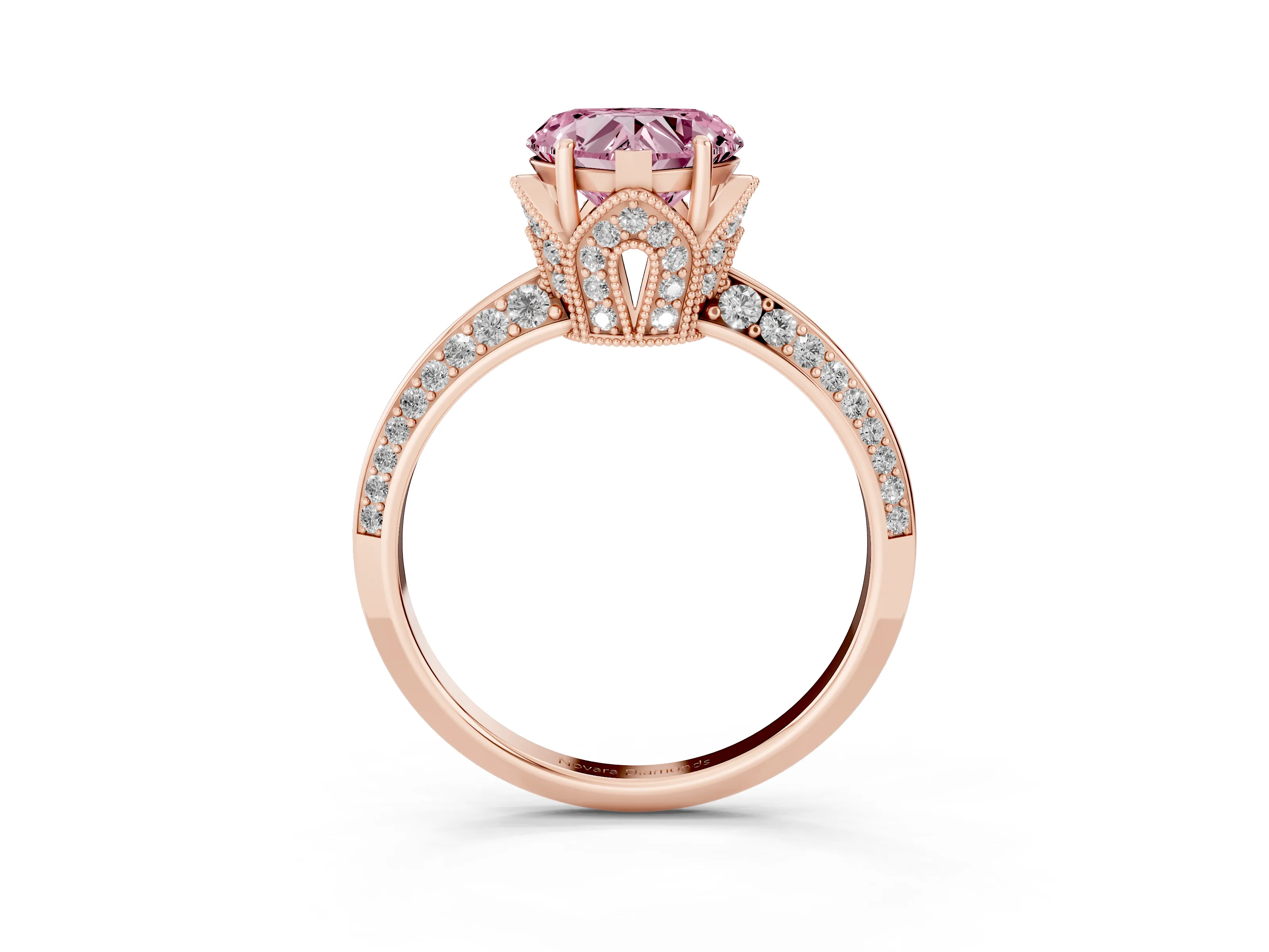 Fancy Pink Heart Cut Diamond Solitaire Engagement Ring Set in Rose gold with Pavé Split Shank and Prong Setting