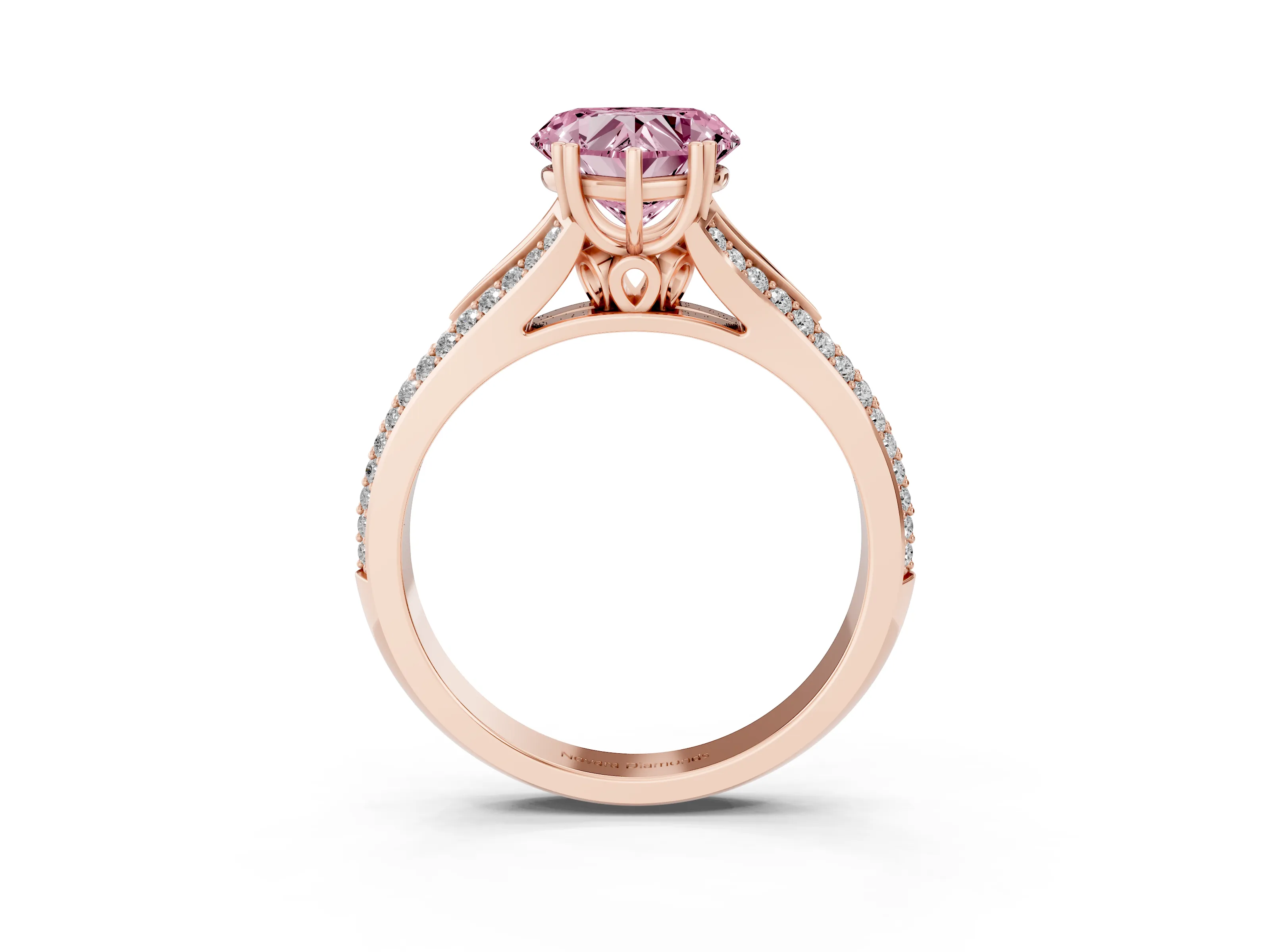 Fancy Pink Heart Cut Diamond Split Shank Pavé Engagement Ring Set in Rose gold with Prong-Set Center Stone
