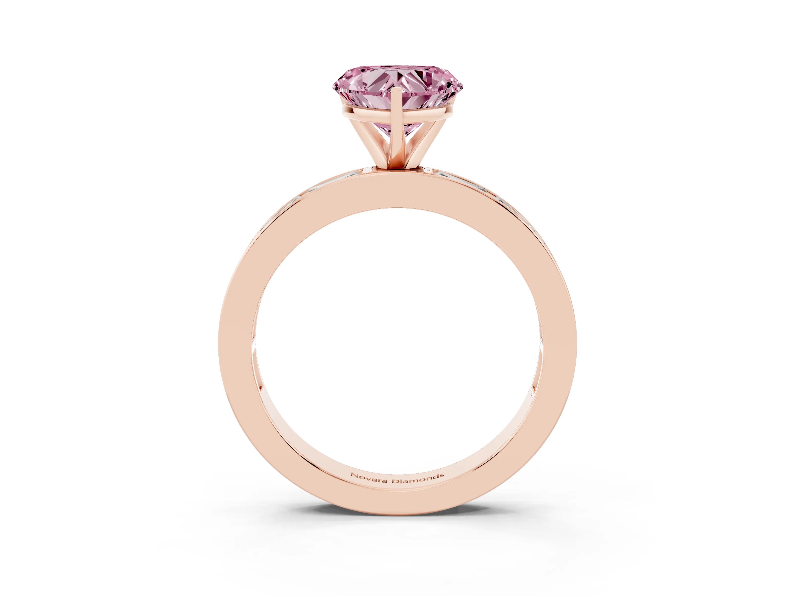Fancy Pink Heart Cut Diamond Solitaire Ring Set in Rose gold with Channel-Set Baguette Band and Prong Setting