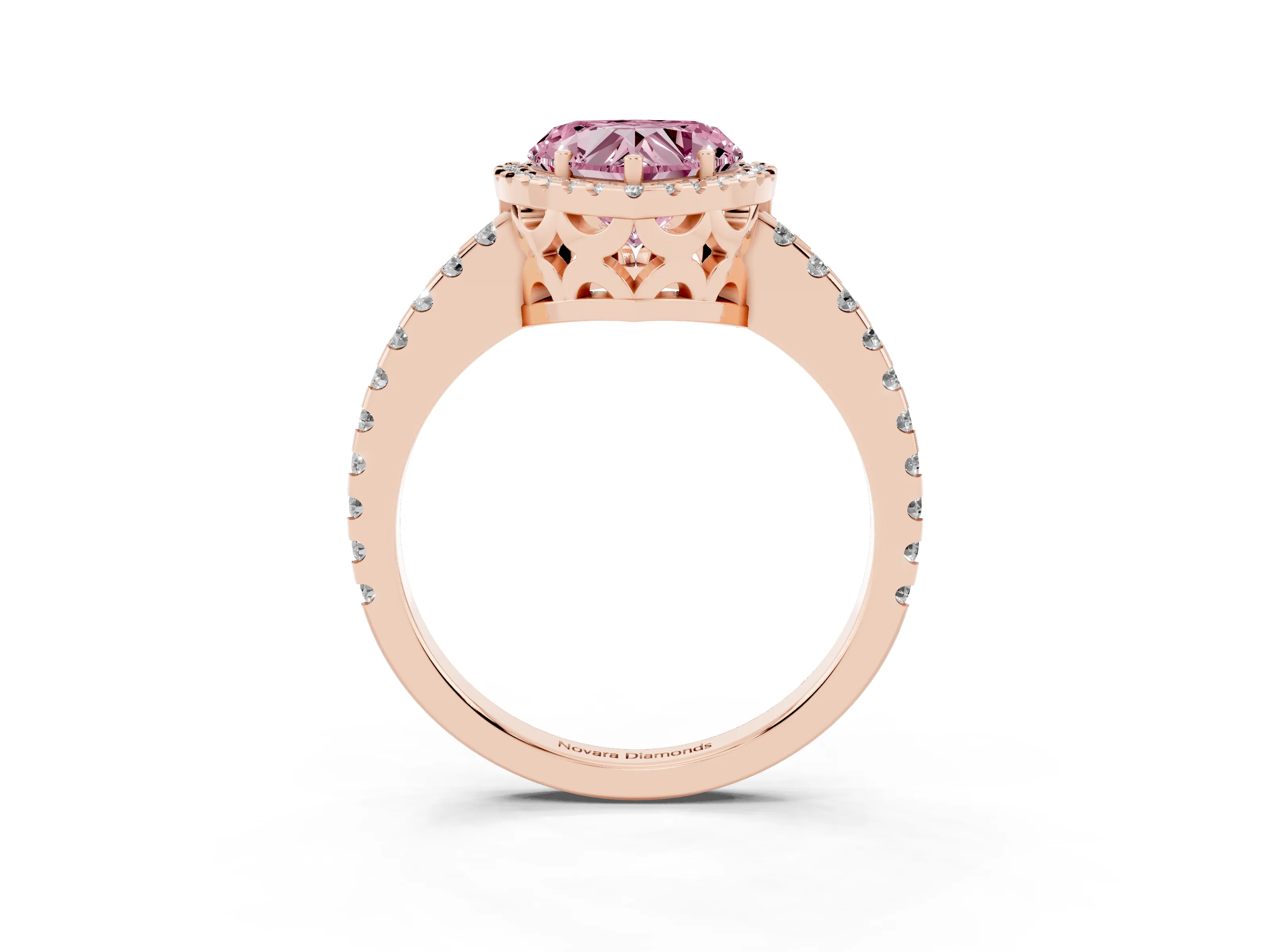 Fancy Pink Heart Cut Diamond Halo Ring Set in Rose gold with Pavé Shoulders and Halo-Framed Center