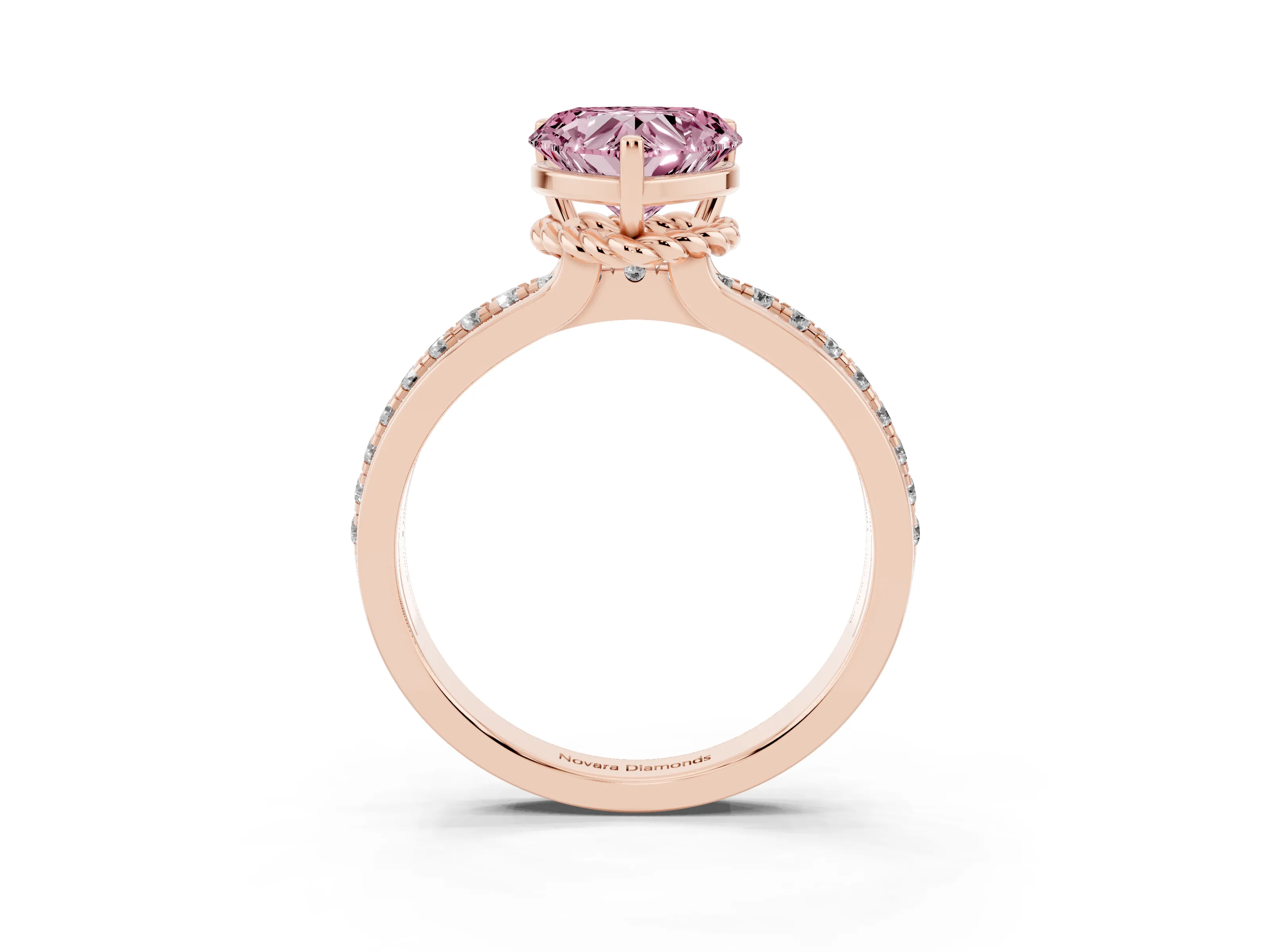 Fancy Pink Heart Cut Diamond Solitaire Ring Set in Rose gold with Channel Set Band and Prong Setting