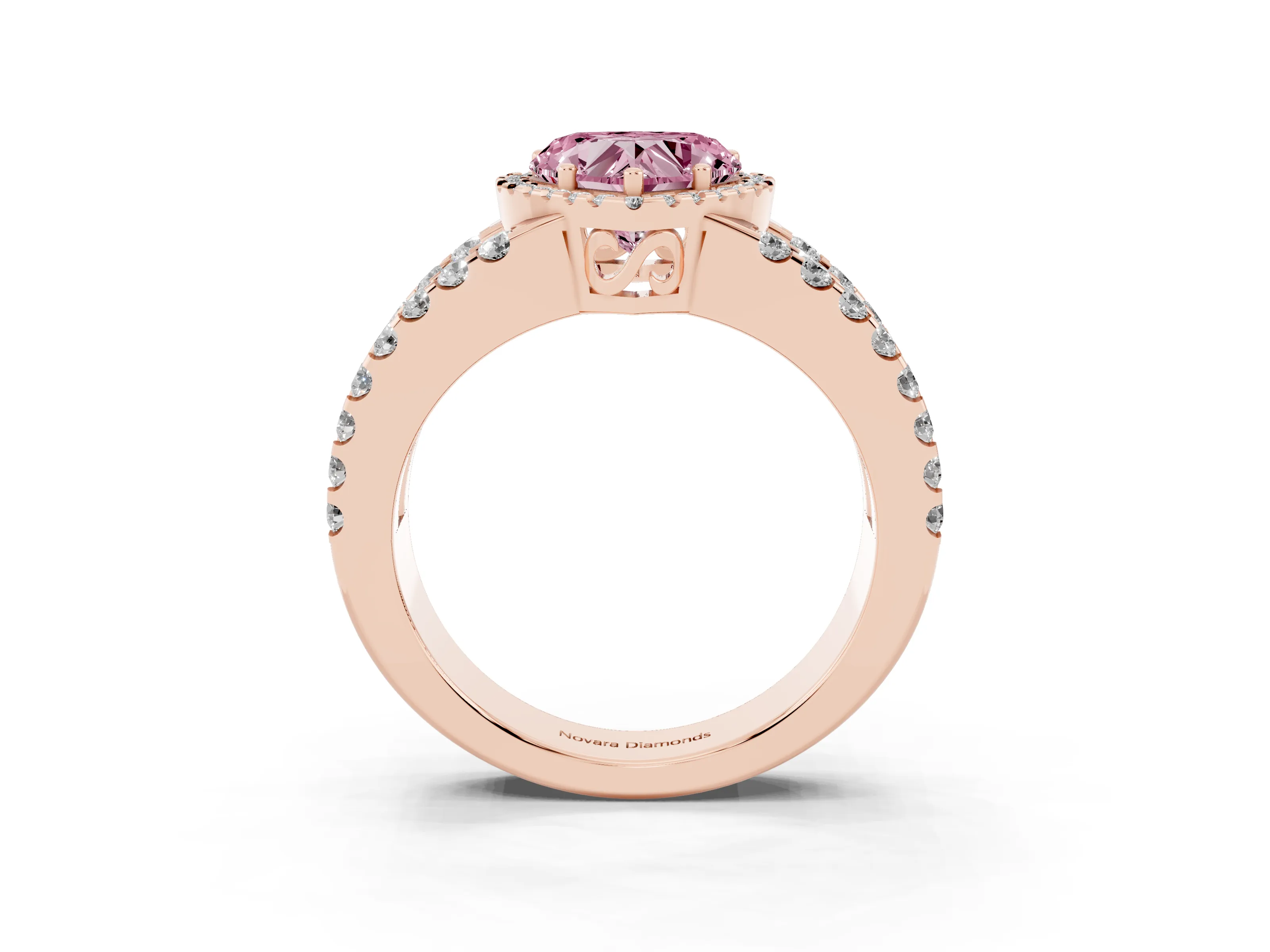 Fancy Pink Heart Cut Diamond Halo Ring Set in Rose gold with Pavé Split Shank and Prong Setting