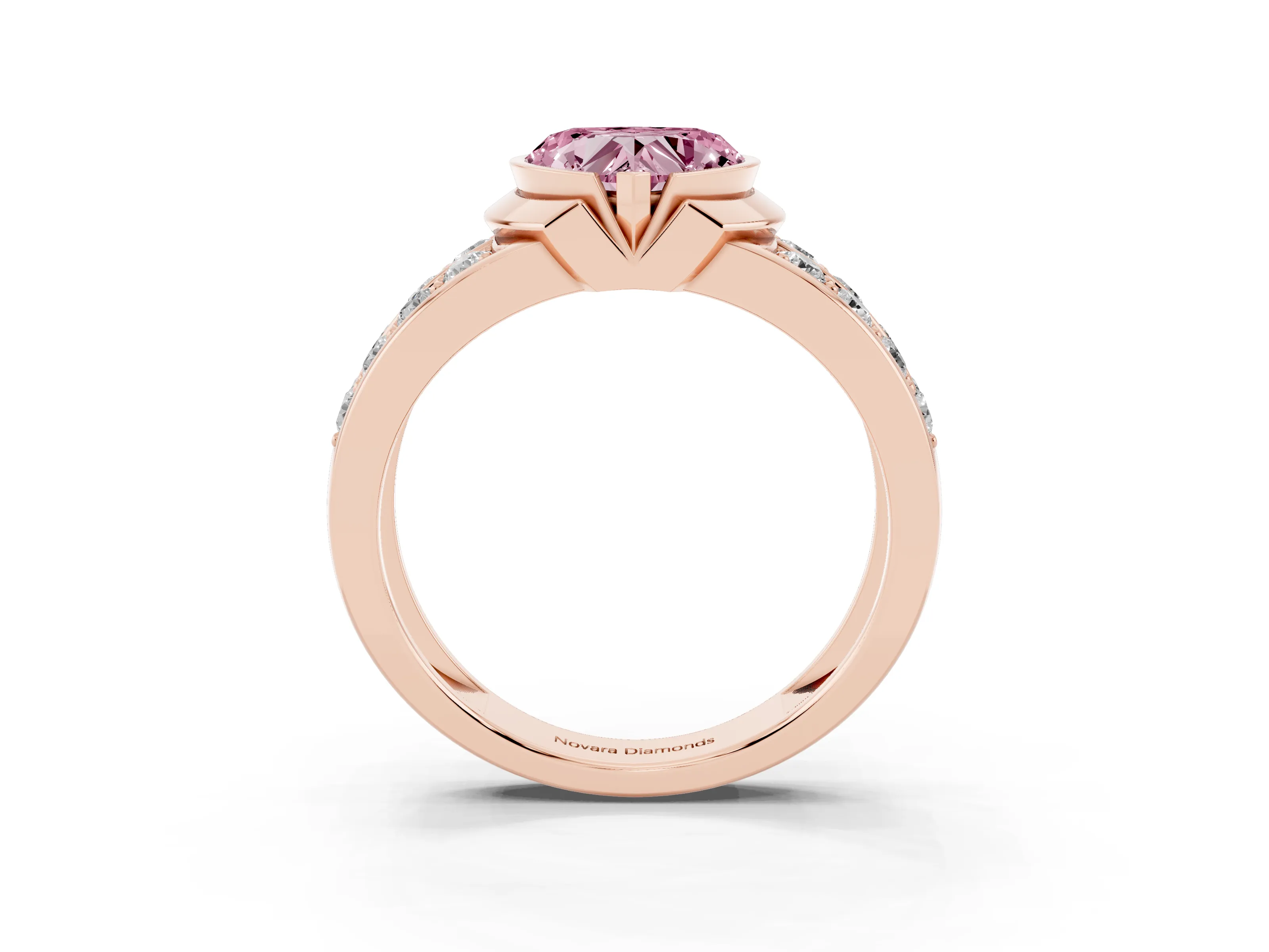 Fancy Pink Heart Cut Diamond Wide Channel Set Band Ring Set in Rose gold with Bezel Setting