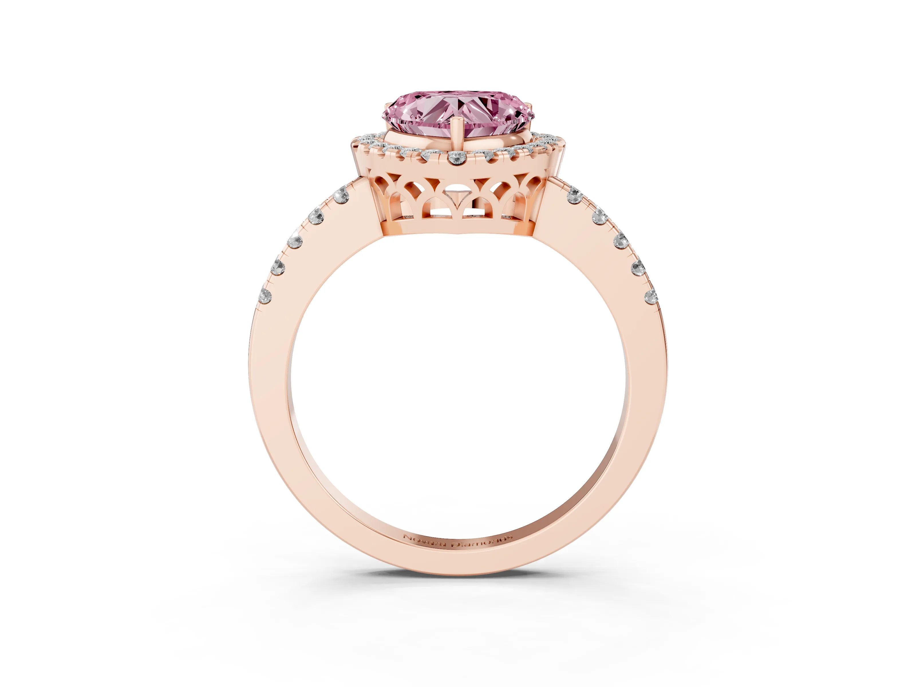 Fancy Pink Heart Cut Diamond Pavé Band Halo Engagement Ring Set in Rose gold with Prong Setting