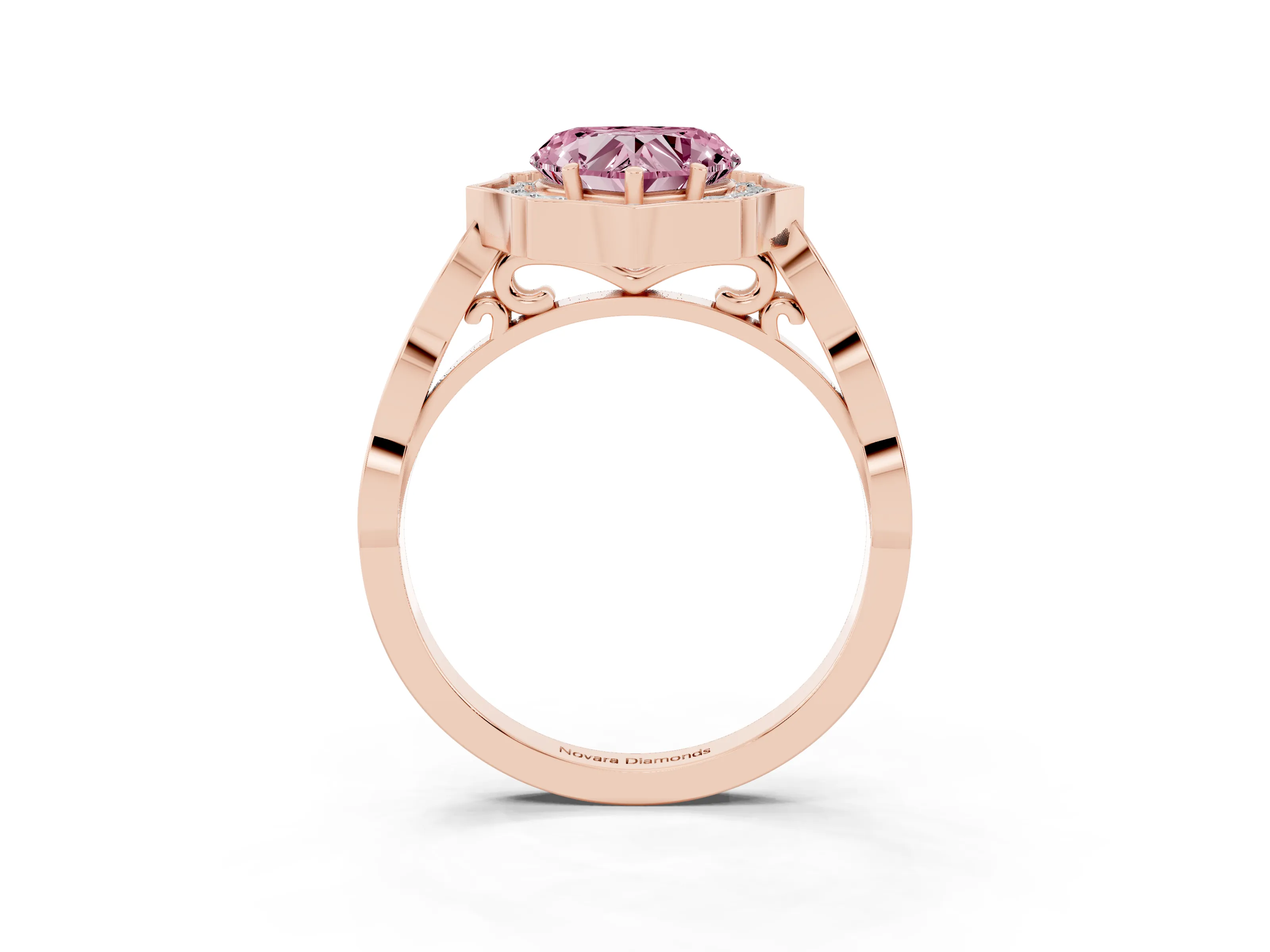 Fancy Pink Heart Cut Diamond Halo Engagement Ring Set in Rose gold with Milgrain Band and Prong Setting