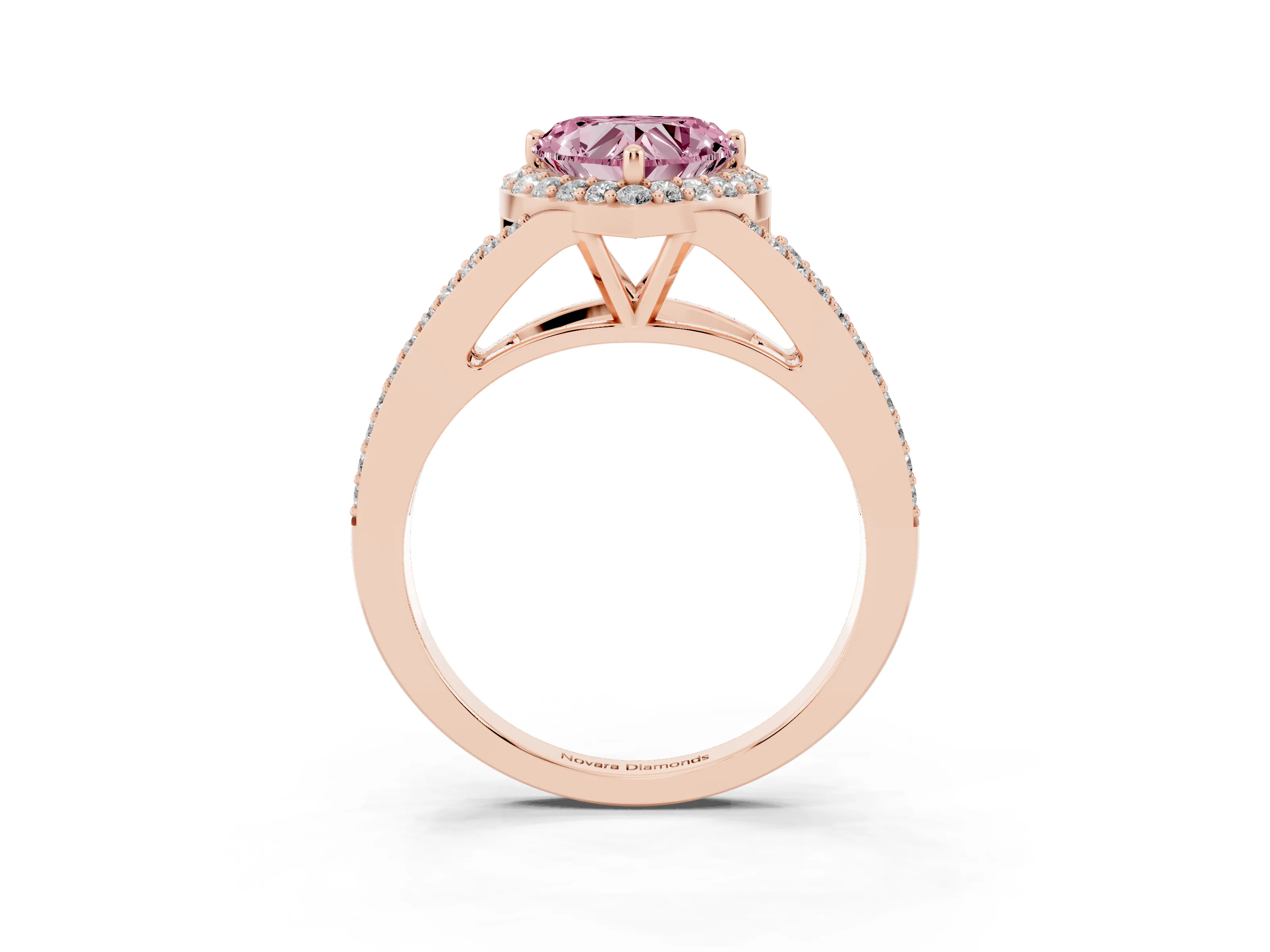 Fancy Pink Heart Cut Diamond Halo Split Shank Pavé Ring Set in Rose gold with Prong Setting