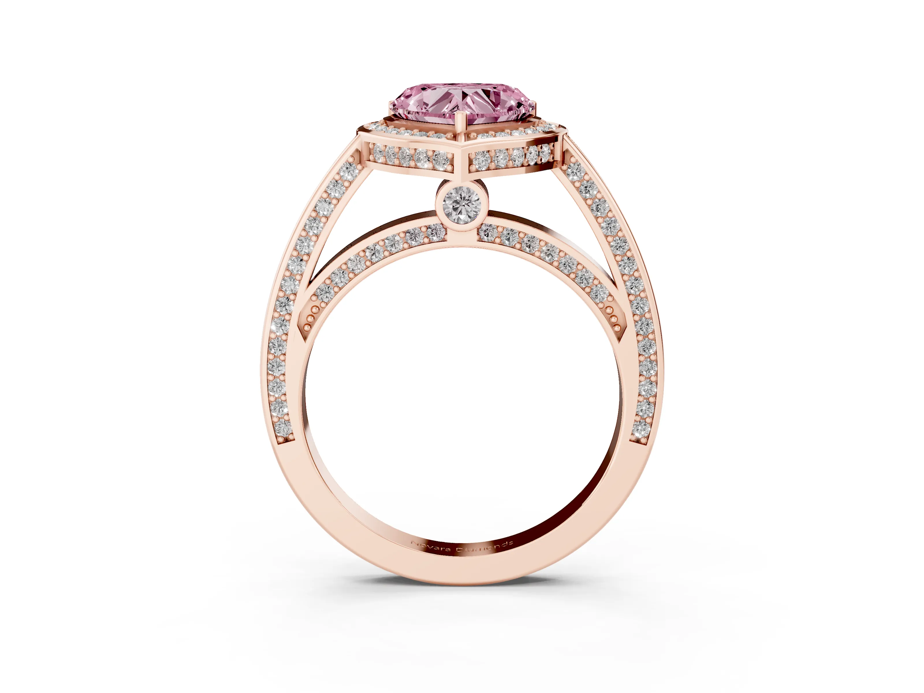 Fancy Pink Heart Cut Diamond Halo Pavé Split Shank Ring Set in Rose gold with Prong Setting