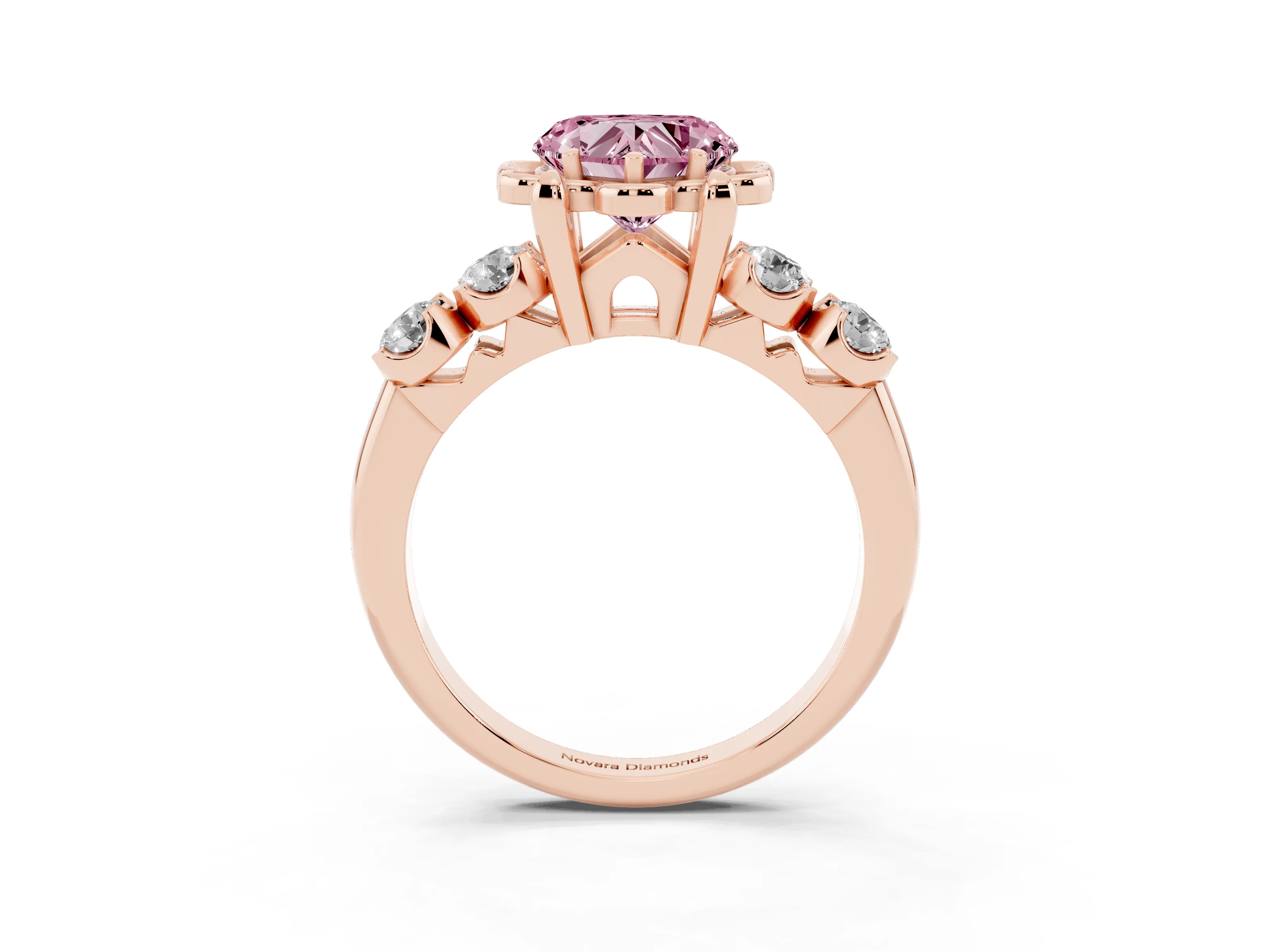 Fancy Pink Heart Cut Diamond Floral Halo Ring Set in Rose gold with Shared Prong Band