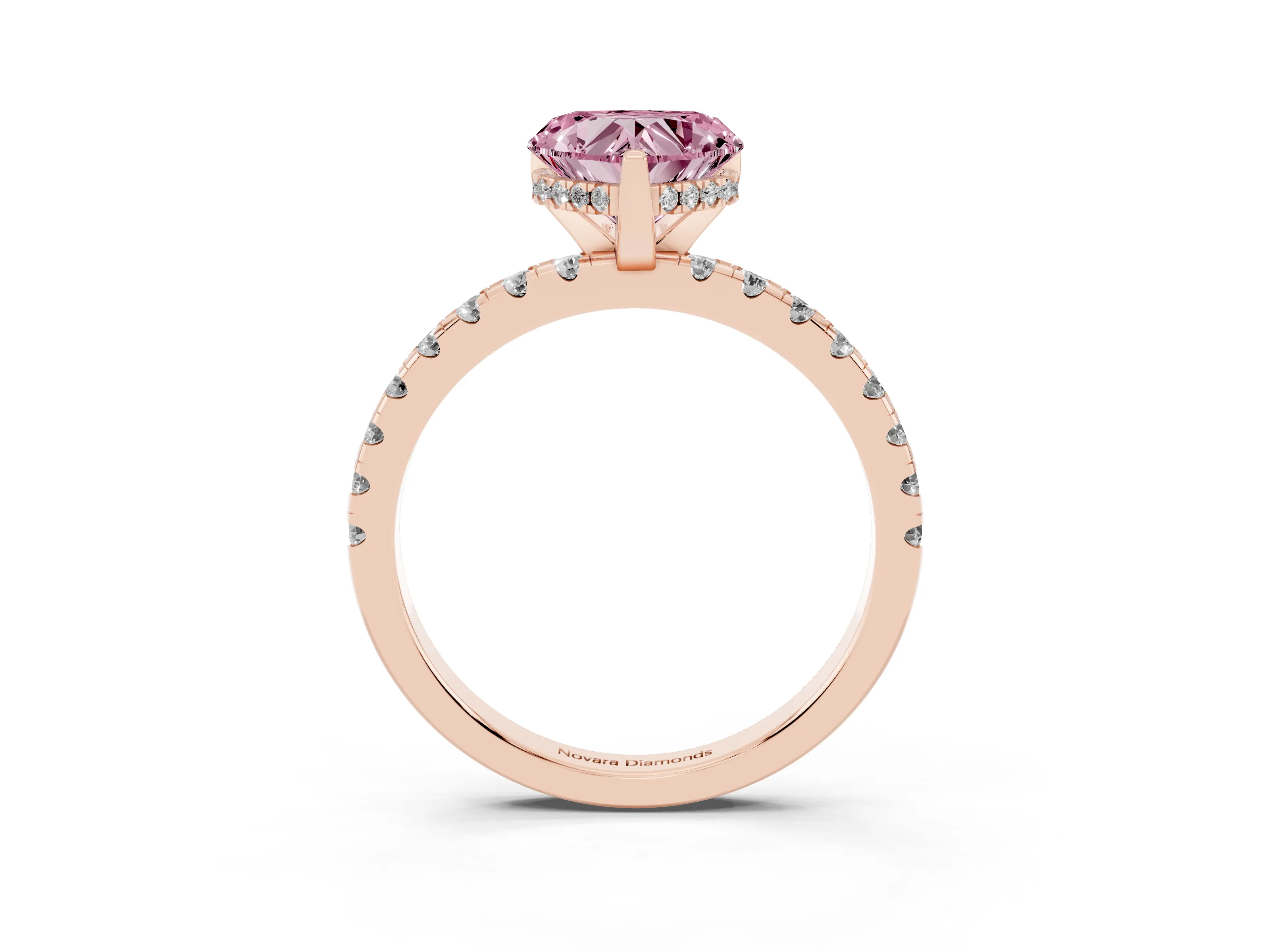 Fancy Pink Heart Cut Diamond Pavé Solitaire Ring Set in Rose gold with Round Band Accents and Prong Setting