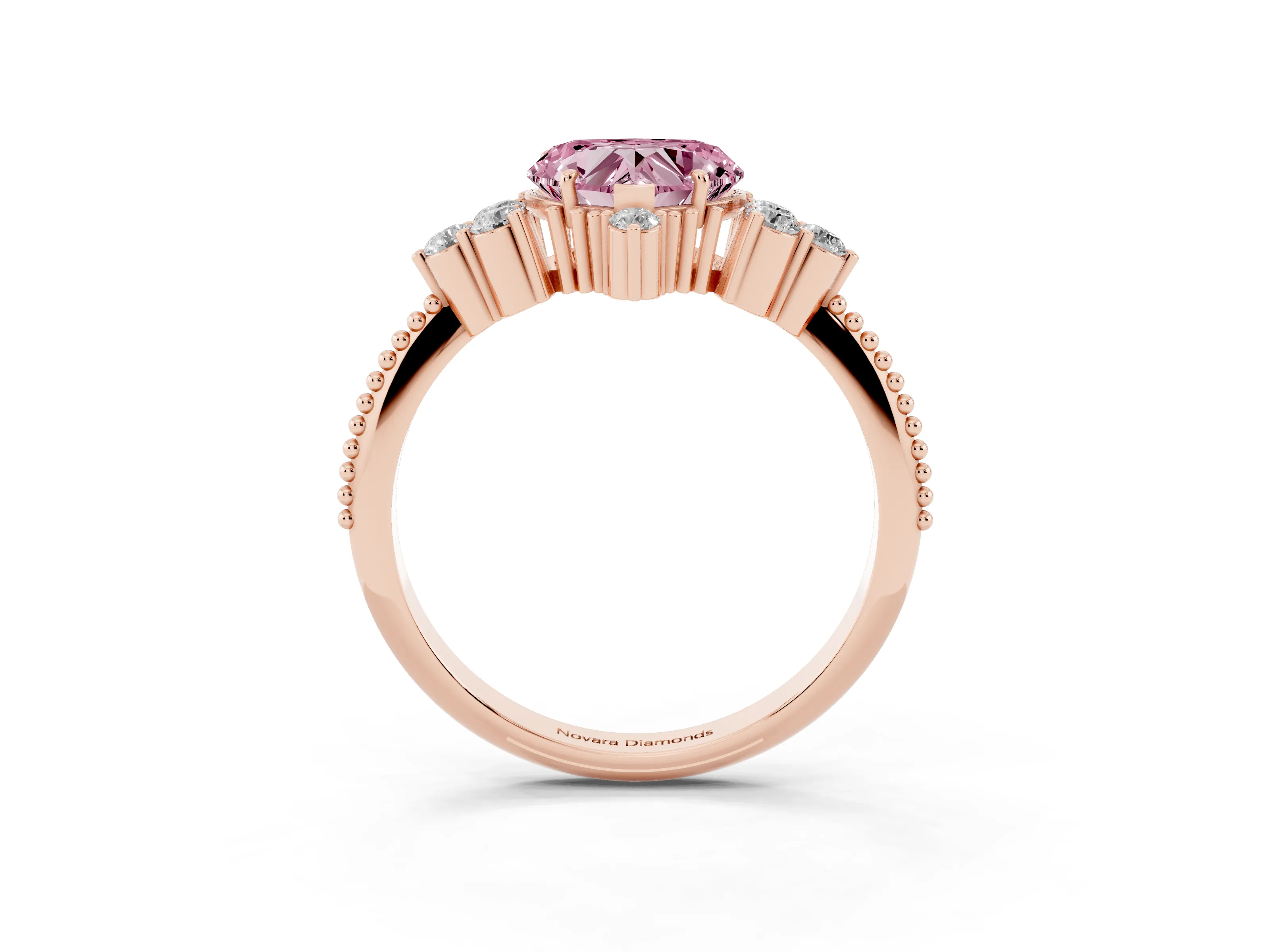 Fancy Pink Heart Cut Diamond Cluster Ring Set in Rose gold with Beaded Band