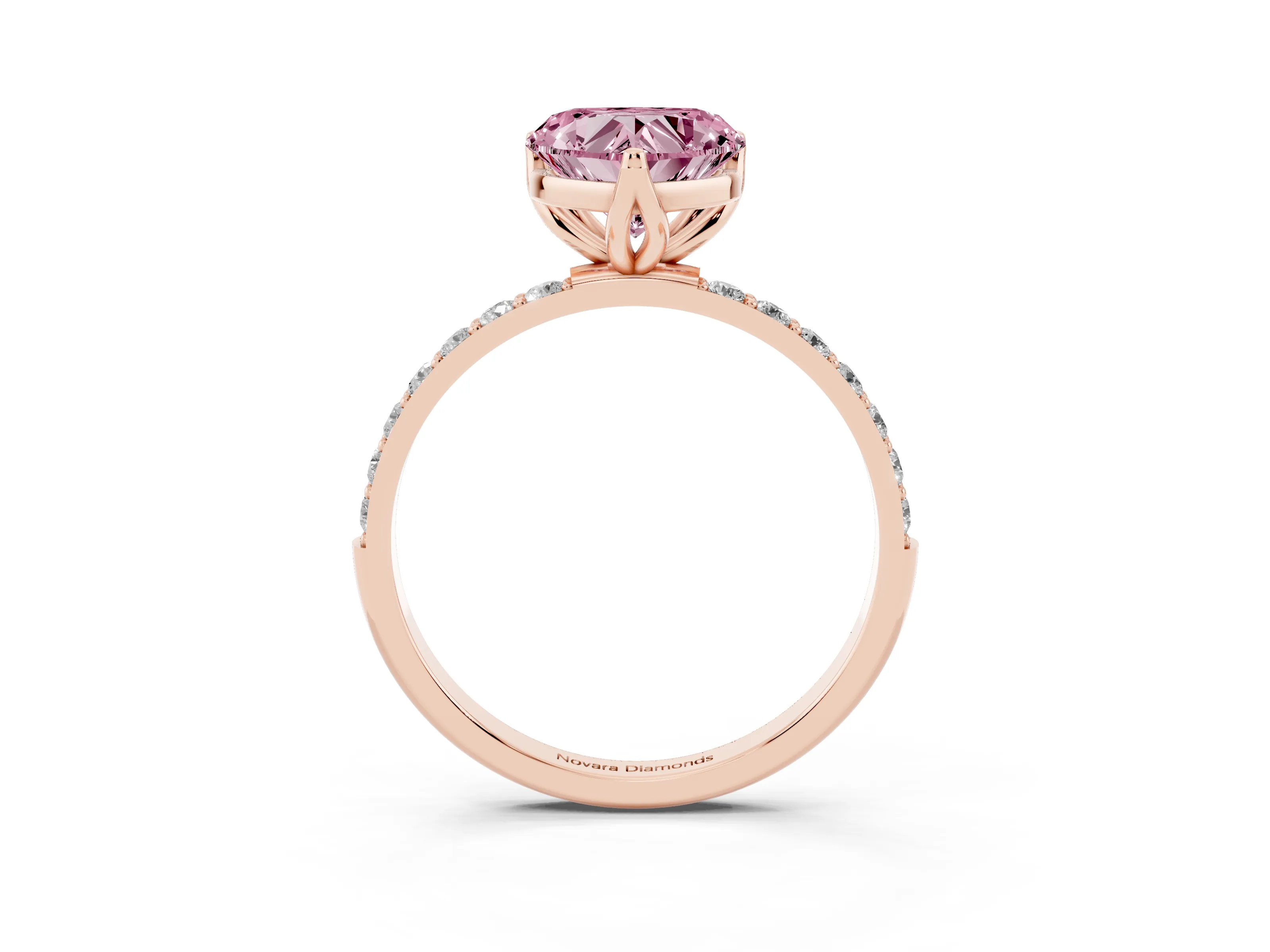 Fancy Pink Heart Cut Diamond Solitaire Engagement Ring Set in Rose gold with Round Pavé Band and Prong Setting