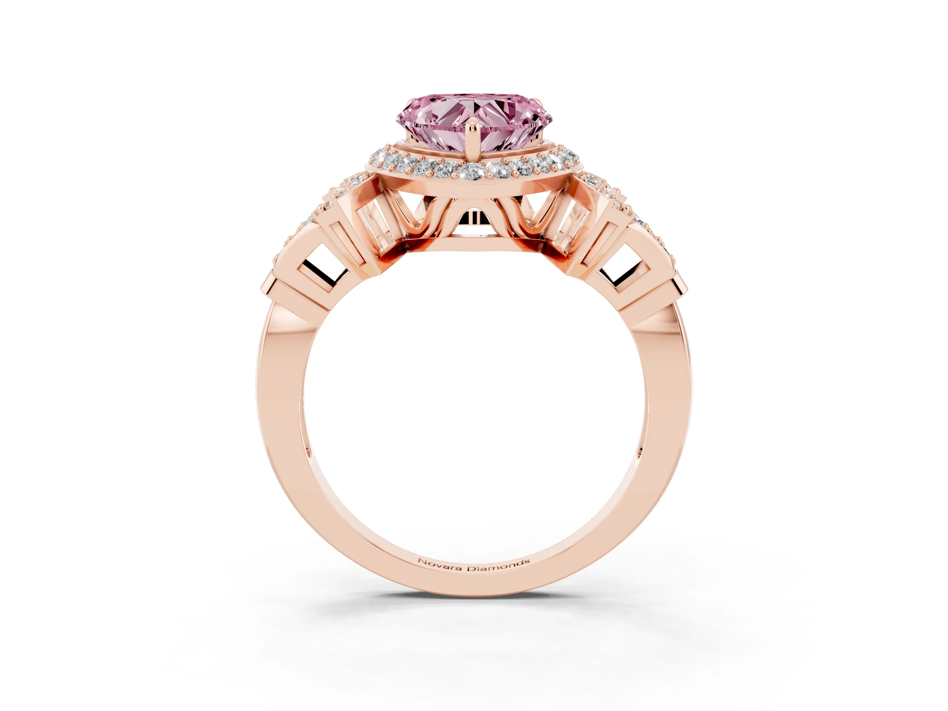 Fancy Pink Heart Cut Diamond Halo Engagement Ring Set in Rose gold with Accent Stone Split Shank