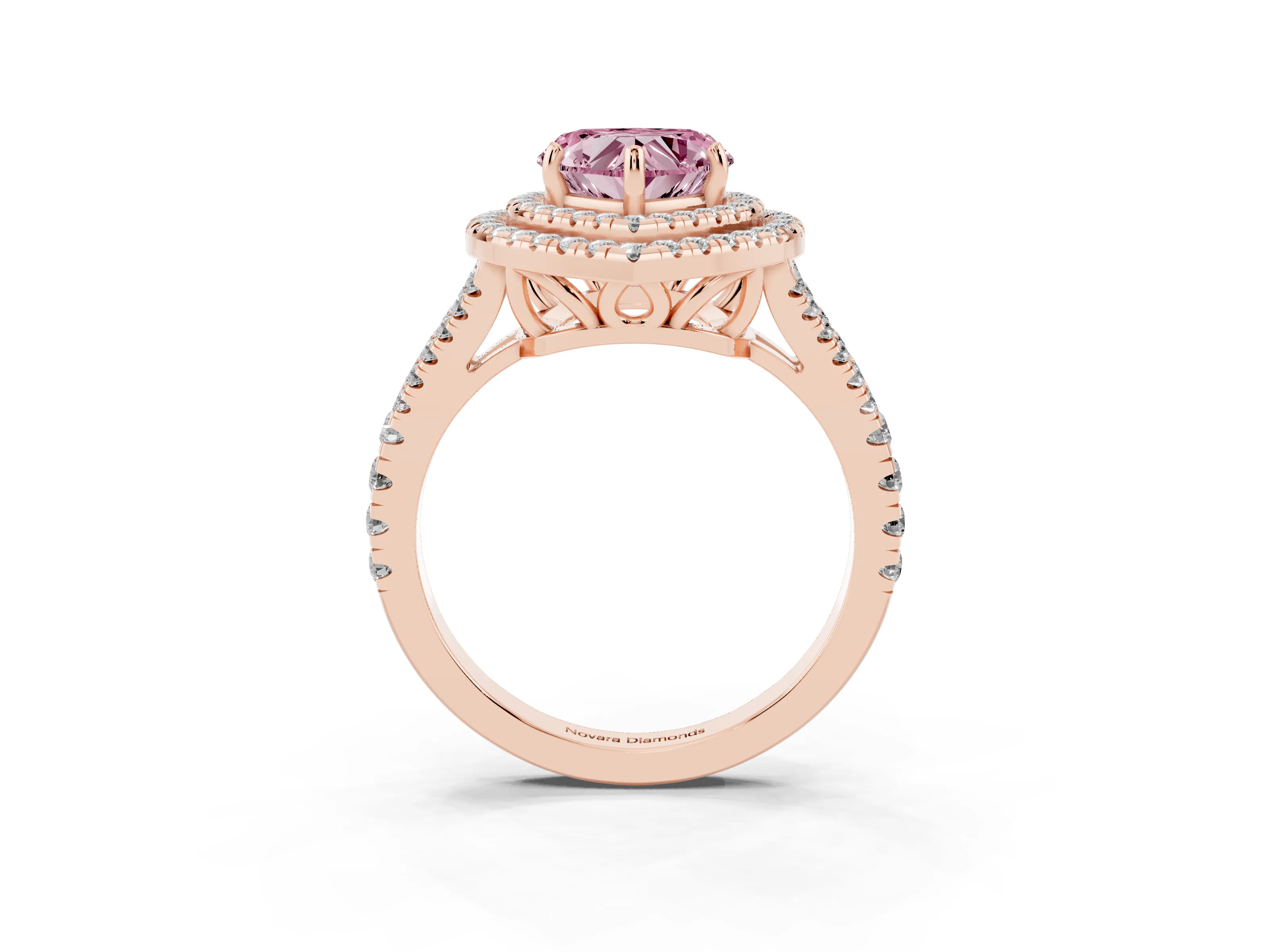 Fancy Pink Heart Cut Diamond Double Halo Ring Set in Rose gold with Pavé Band