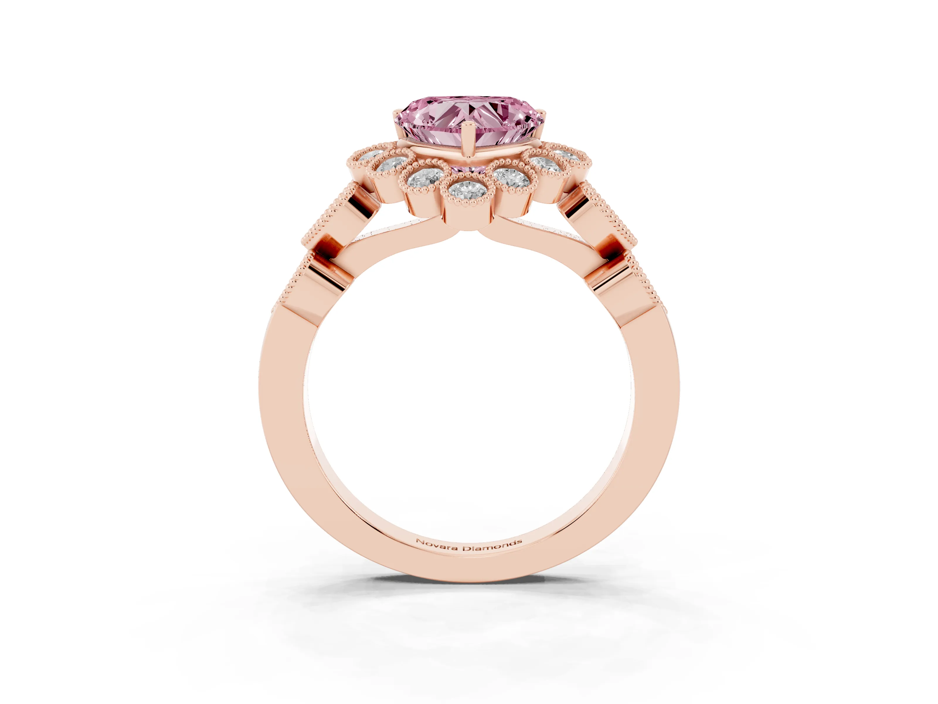 Fancy Pink Heart Cut Diamond Solitaire Ring Set in Rose gold with Milgrain Pavé Heart Band