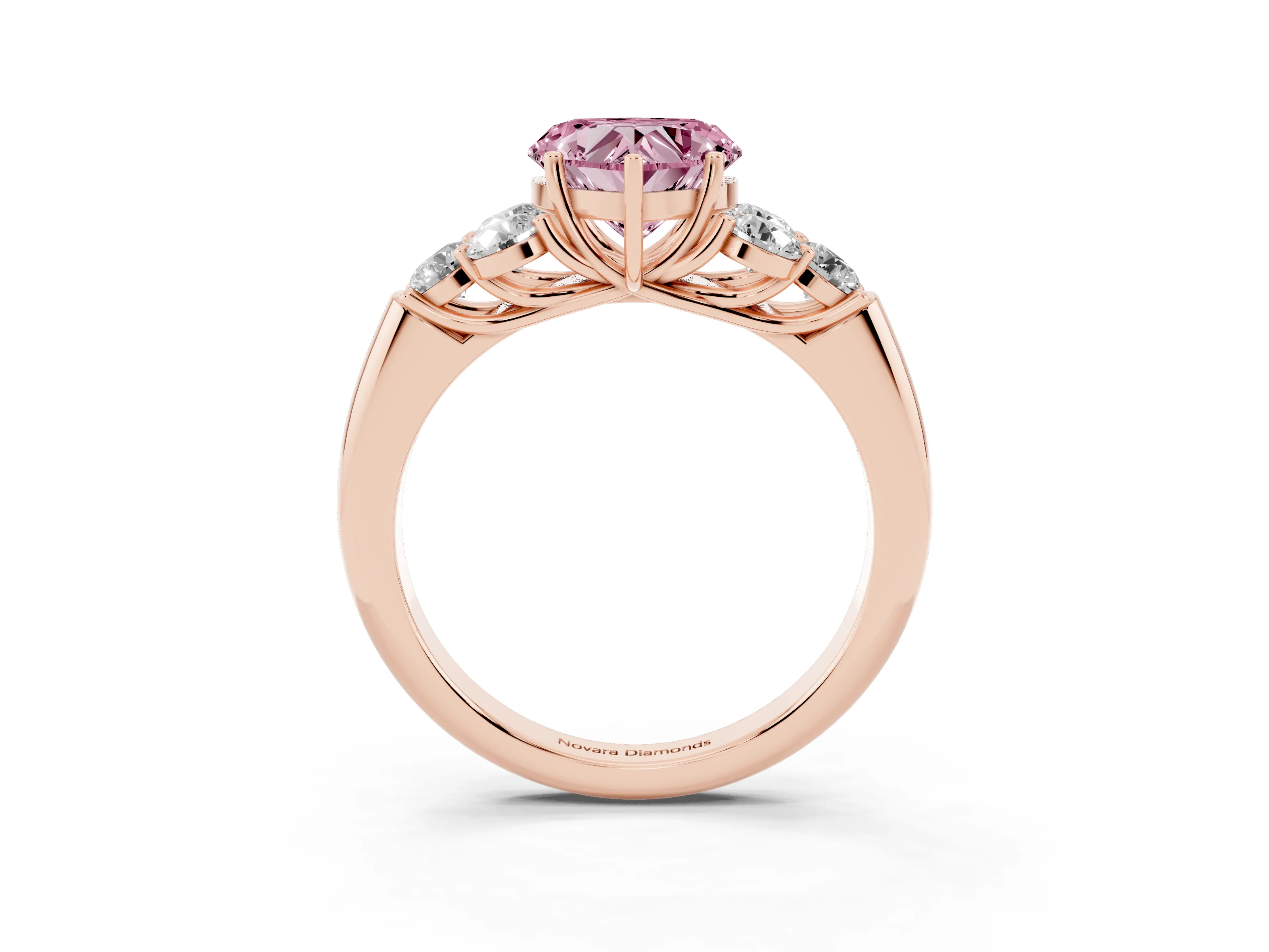 Fancy Pink Heart Cut Diamond Cluster Ring Set in Rose gold with Round Accent Stones and Prong Setting on a Plain Band