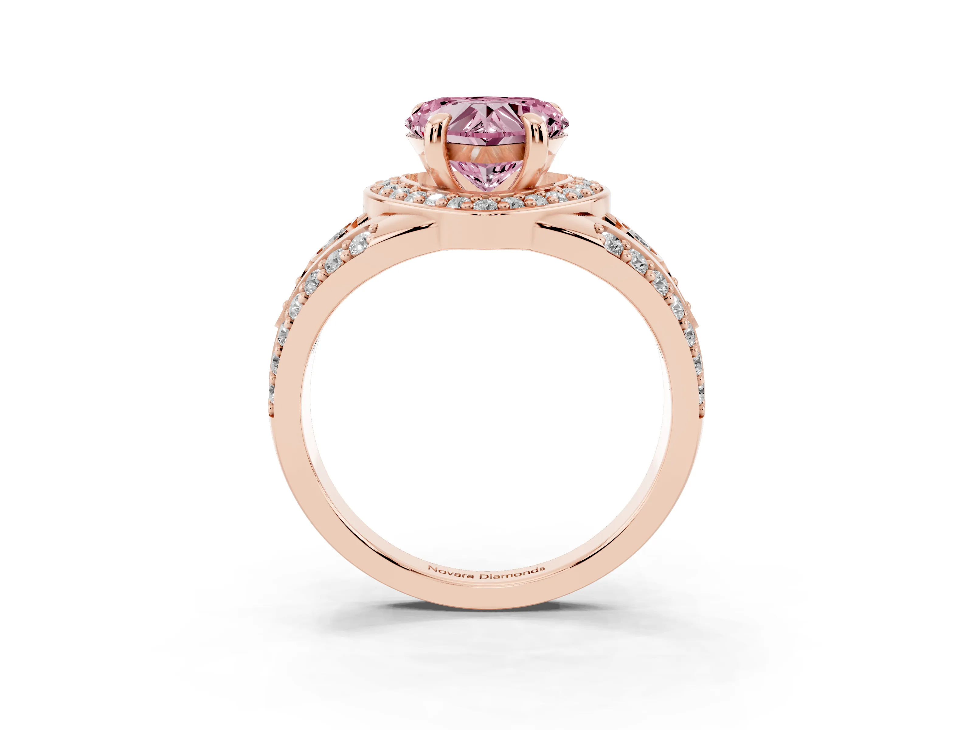 Fancy Pink Heart Cut Diamond Halo Ring Set in Rose gold with Pavé Split Shank and Bezel Accents