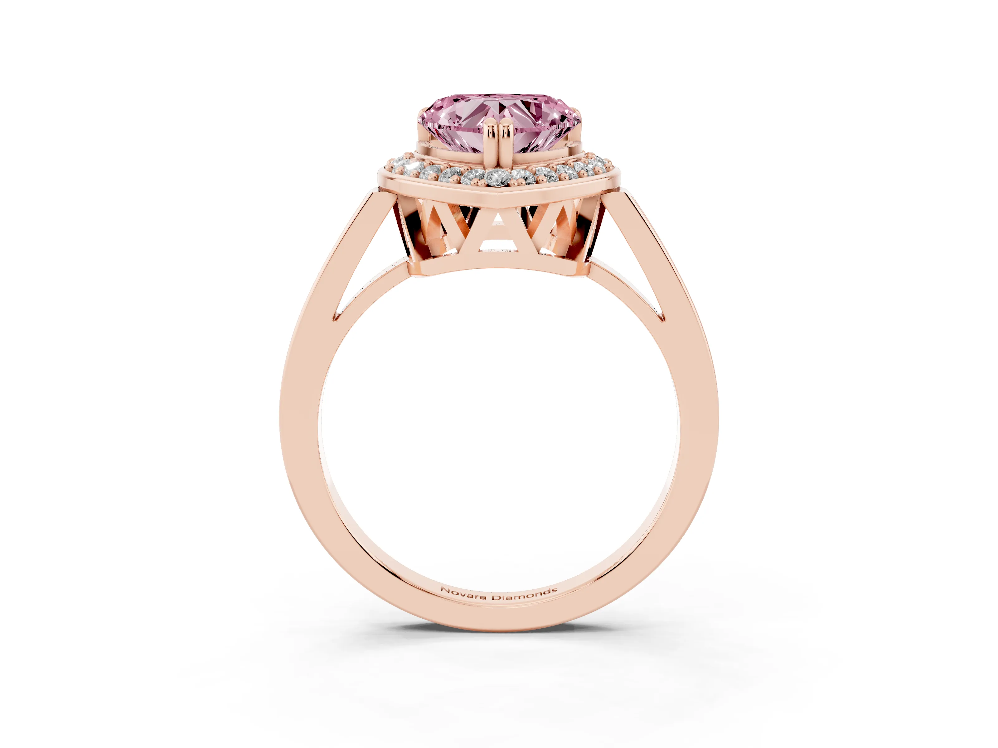 Fancy Pink Heart Cut Diamond Halo Ring Set in Rose gold with Accent-Lined Split Shank and Prong Setting