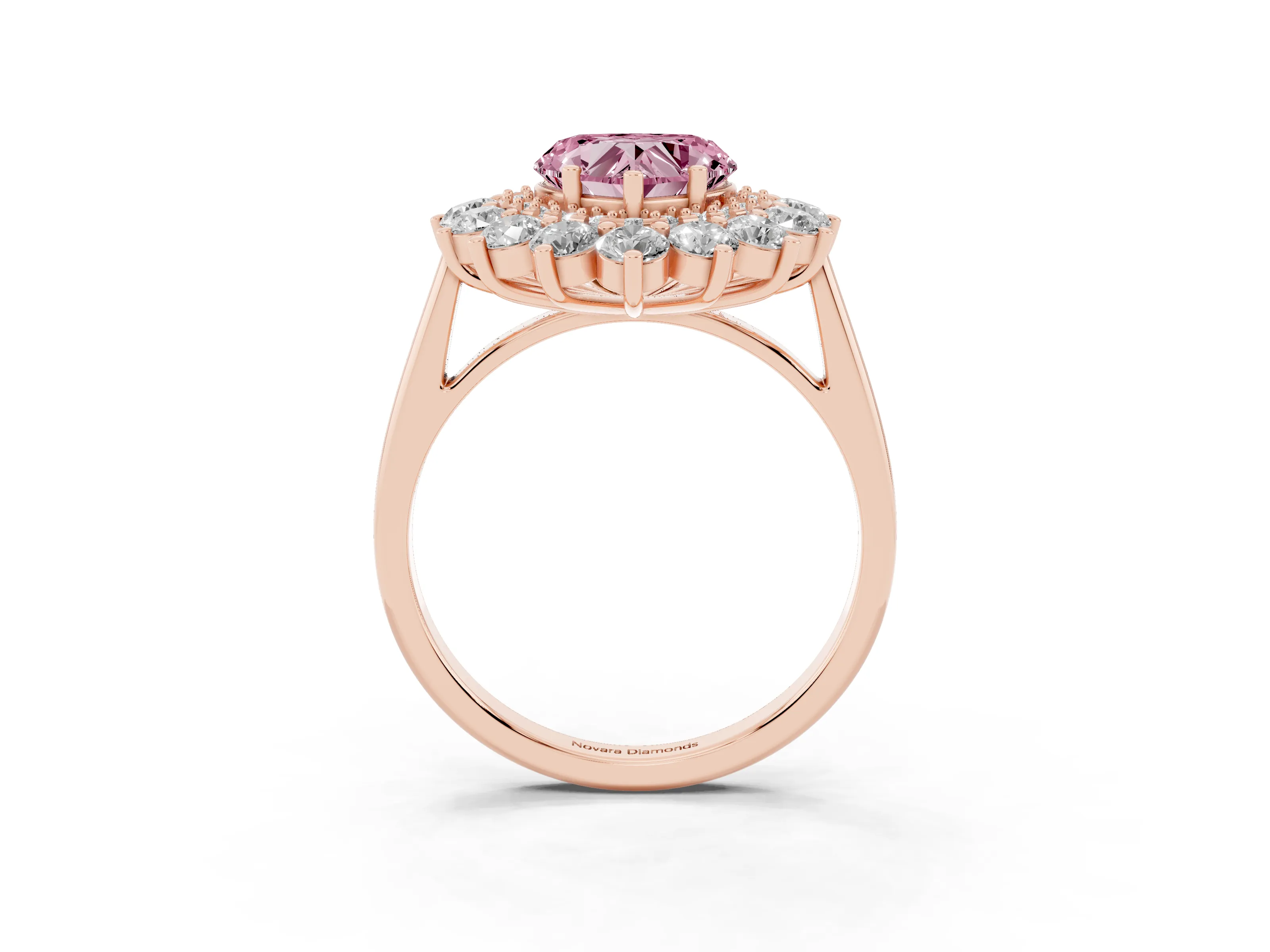 Fancy Pink Heart Cut Diamond Floral Double Halo Ring Set in Rose gold with Round Petals