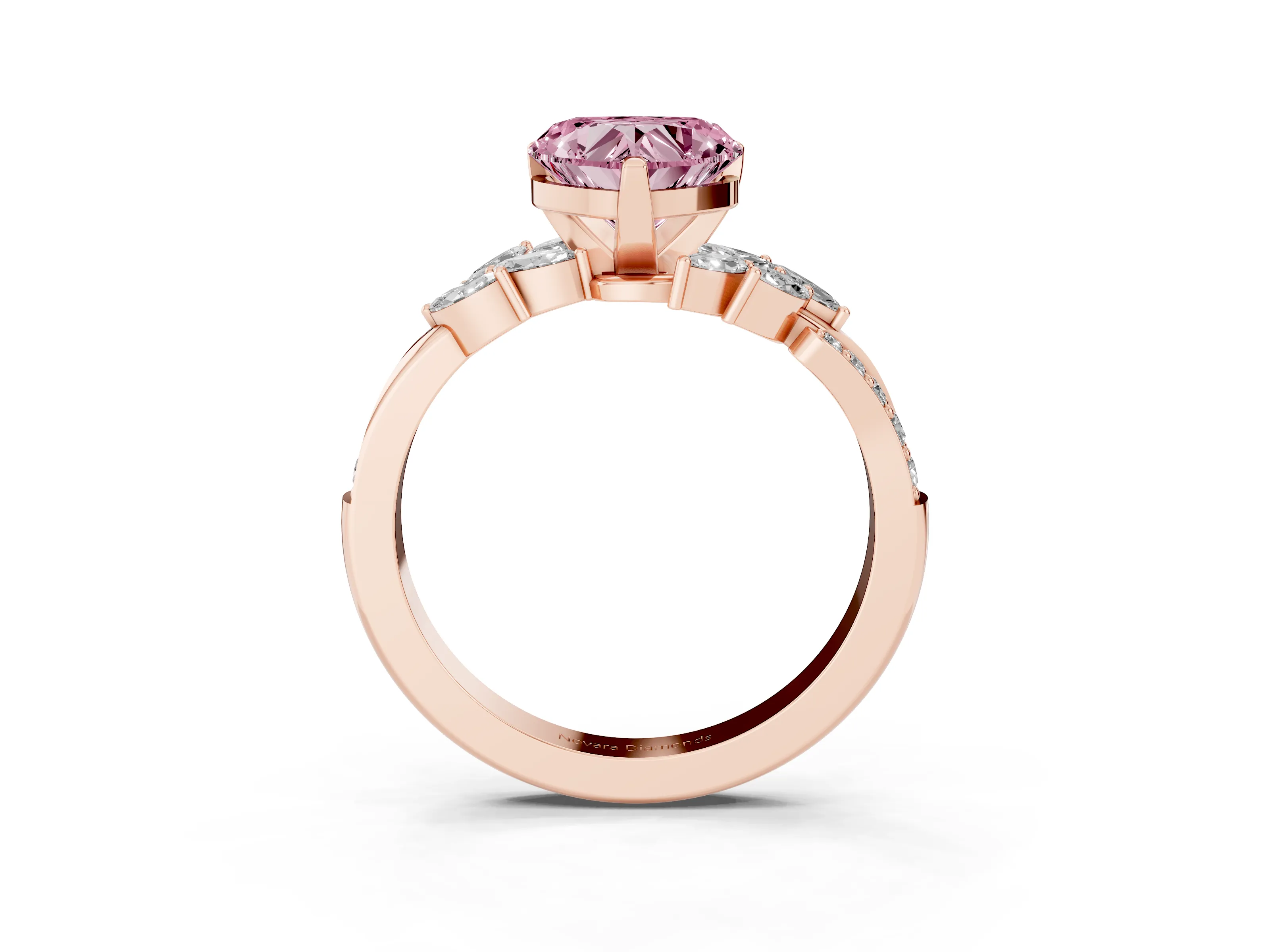 Fancy Pink Heart Cut Diamond Solitaire Ring Set in Rose gold with Marquise Twist Band and Prong Setting