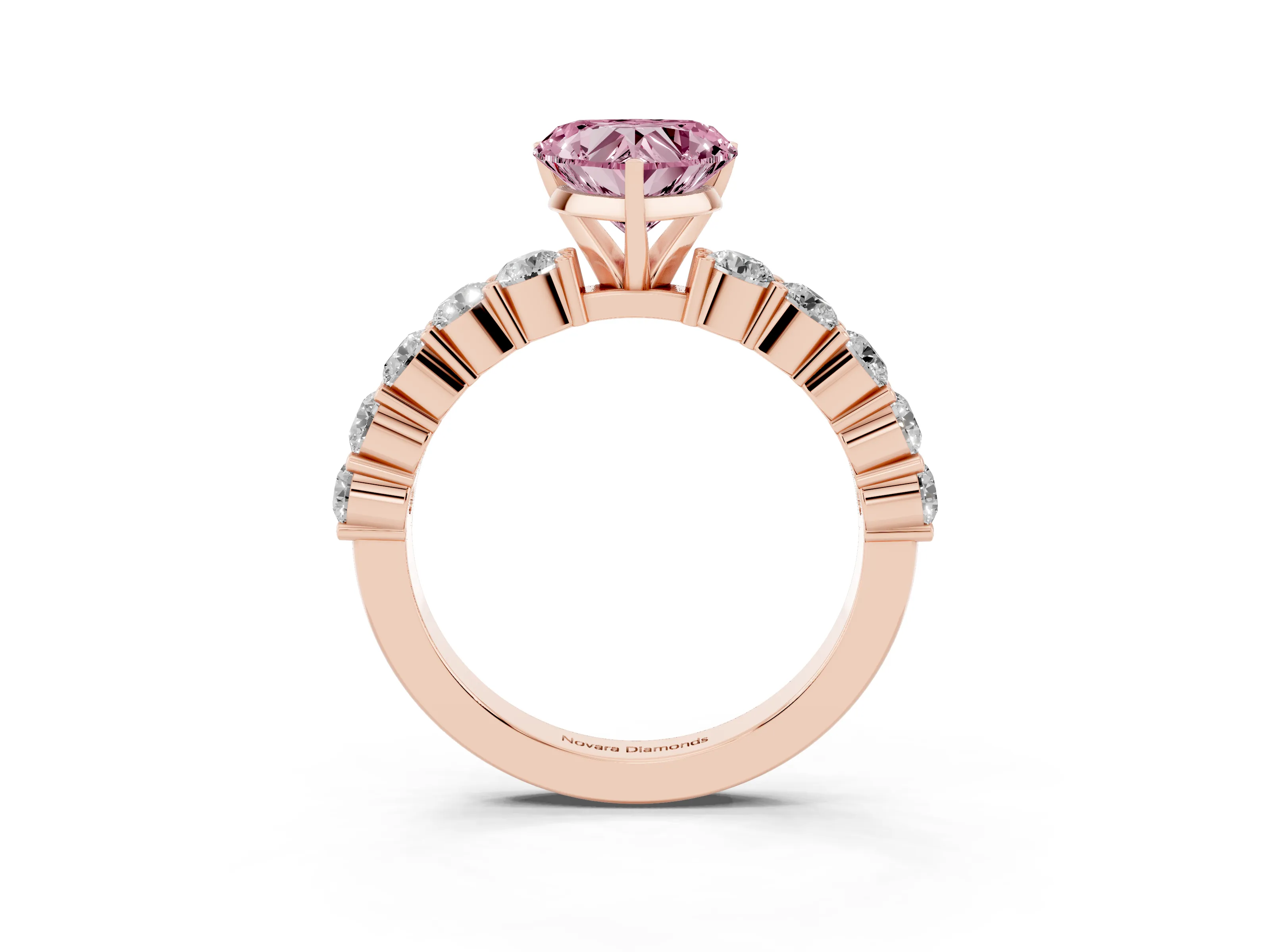 Fancy Pink Heart Cut Diamond Solitaire Ring Set in Rose gold with Shared Prong Round Side Stones