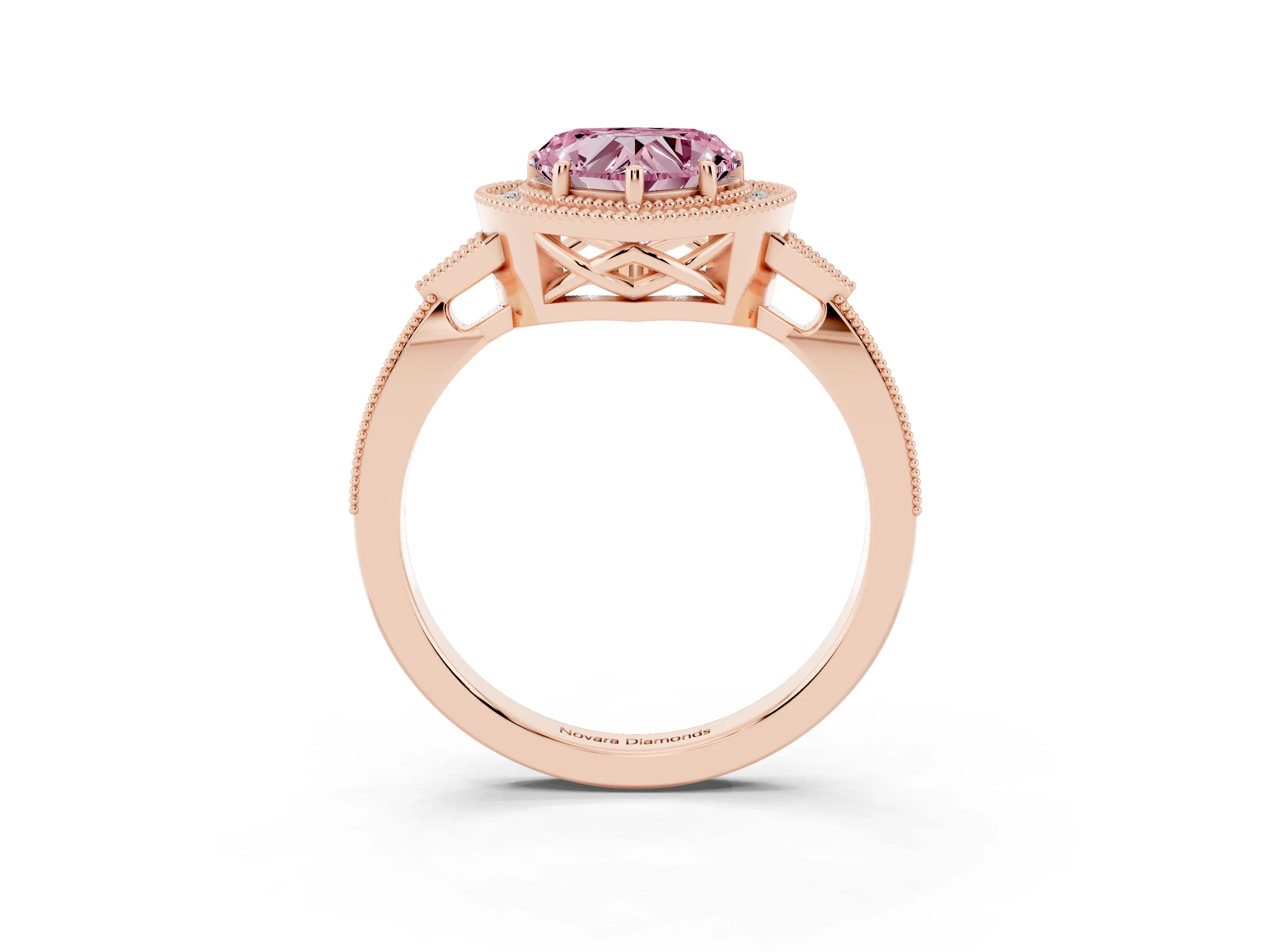 Fancy Pink Heart Cut Diamond Halo Engagement Ring Set in Rose gold with Milgrain Pavé Band