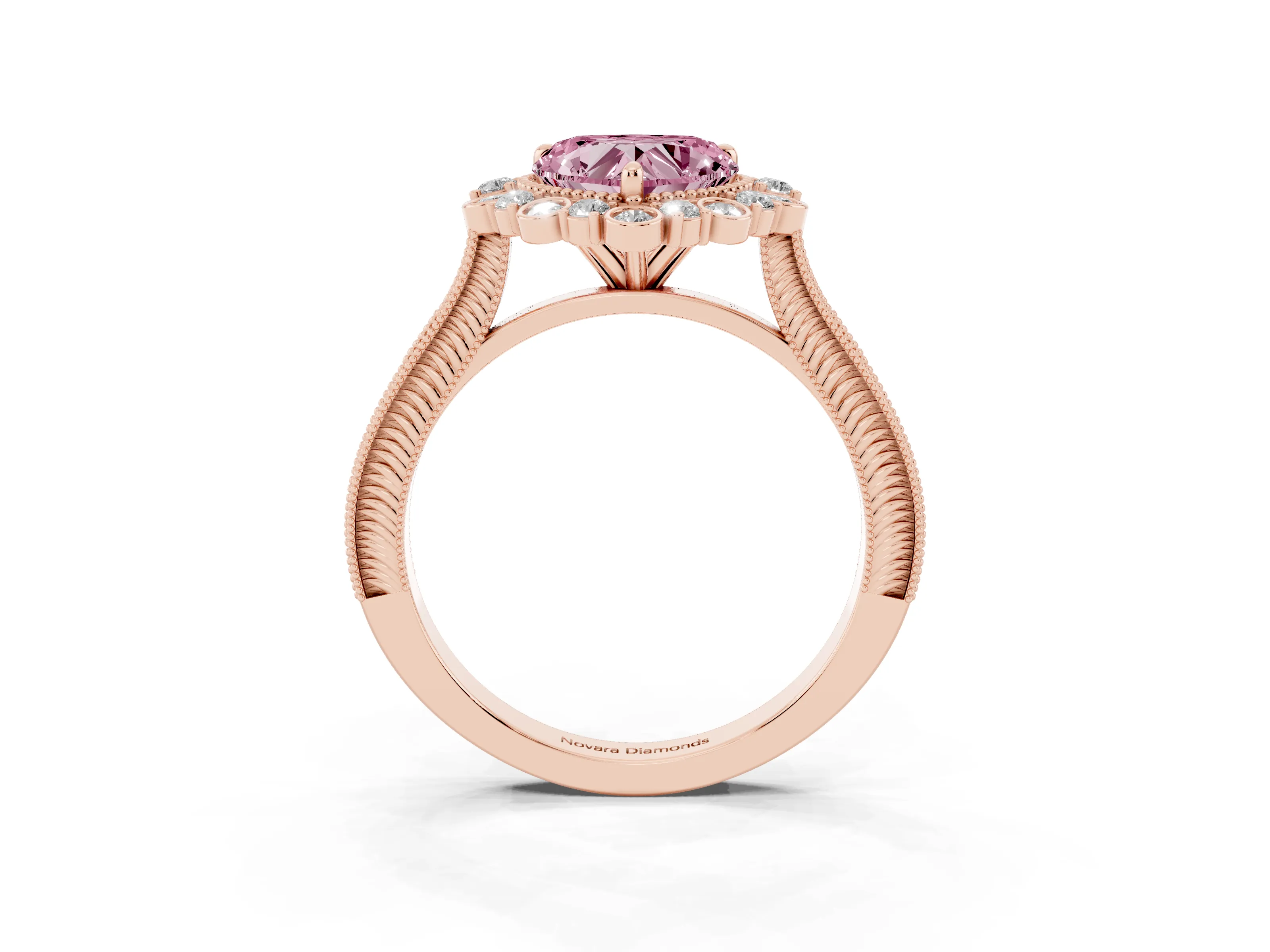 Fancy Pink Heart Cut Diamond Halo Milgrain Pavé Ring Set in Rose gold with Prong Setting