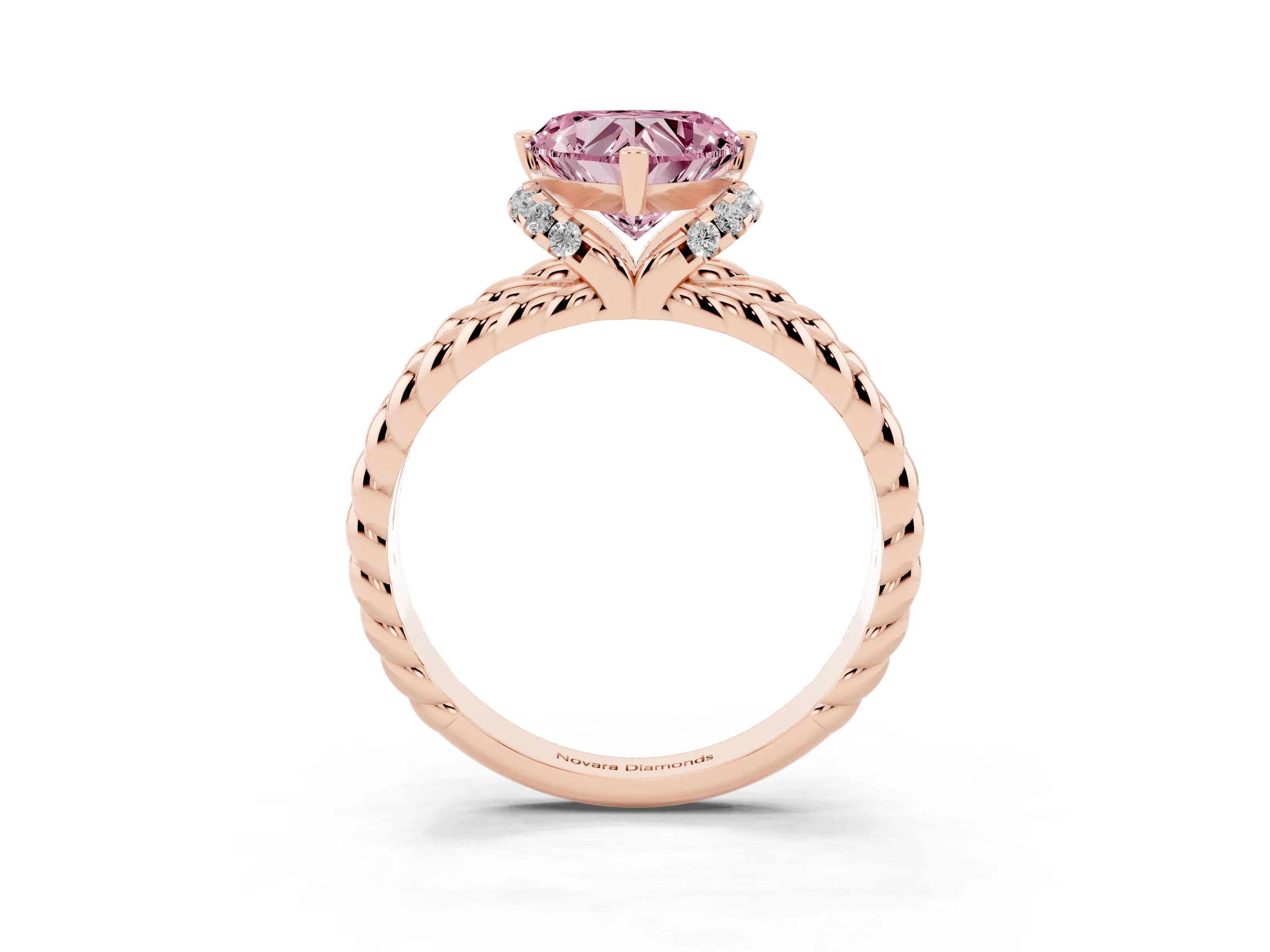 Fancy Pink Heart Cut Diamond Halo Ring Set in Rose gold with Twisted Band and Prong Setting