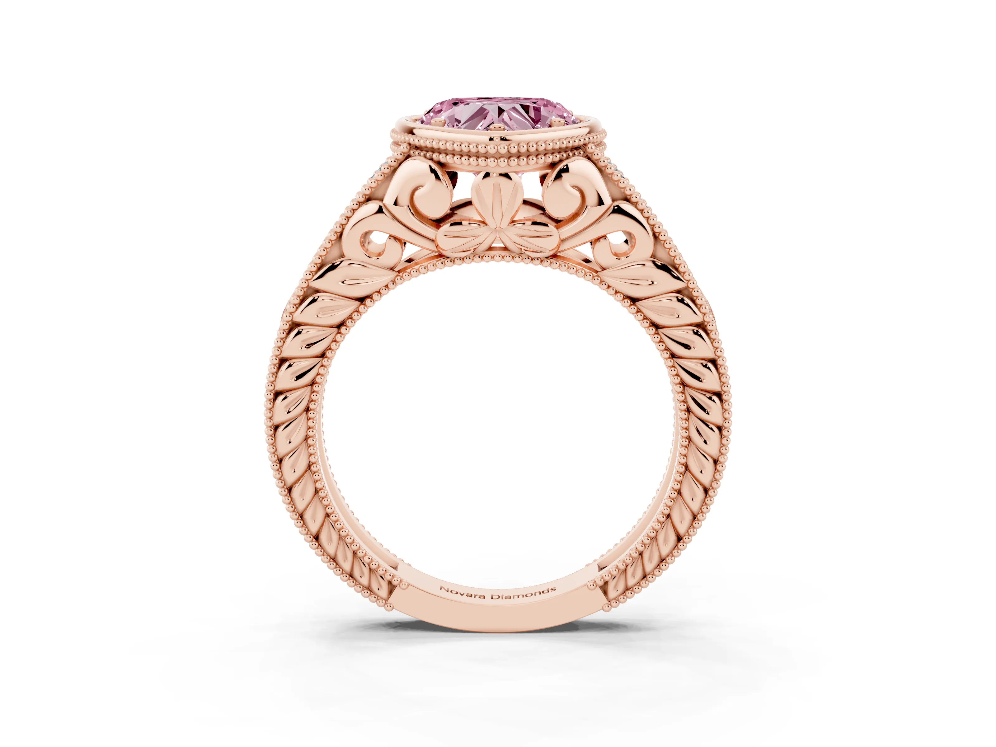 Fancy Pink Bezel Set Heart Cut Diamond Milgrain Pavé Engagement Ring Set in Rose gold