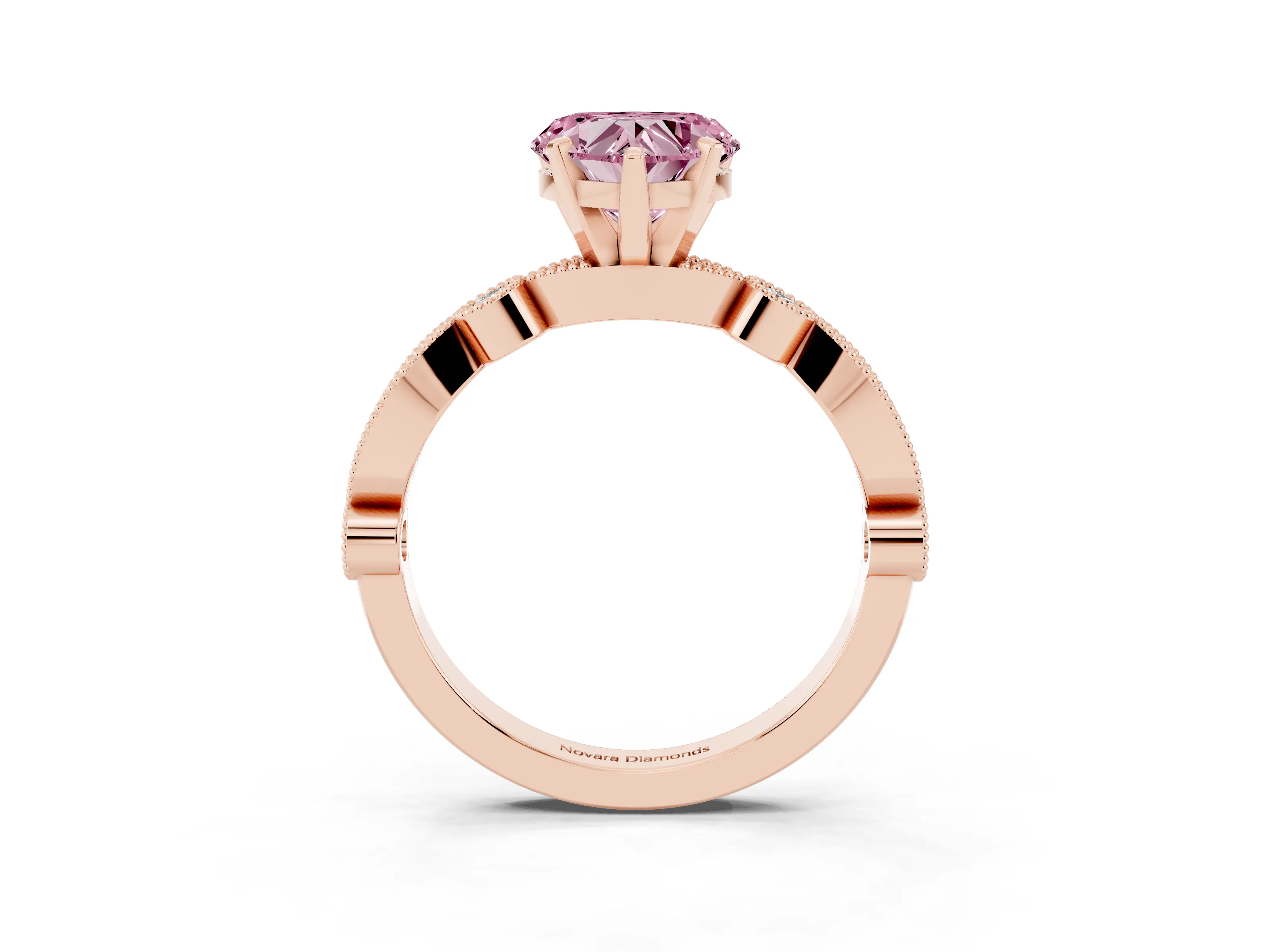 Fancy Pink Heart Cut Diamond Solitaire Engagement Ring Set in Rose gold with Milgrain Bezel Accent Band