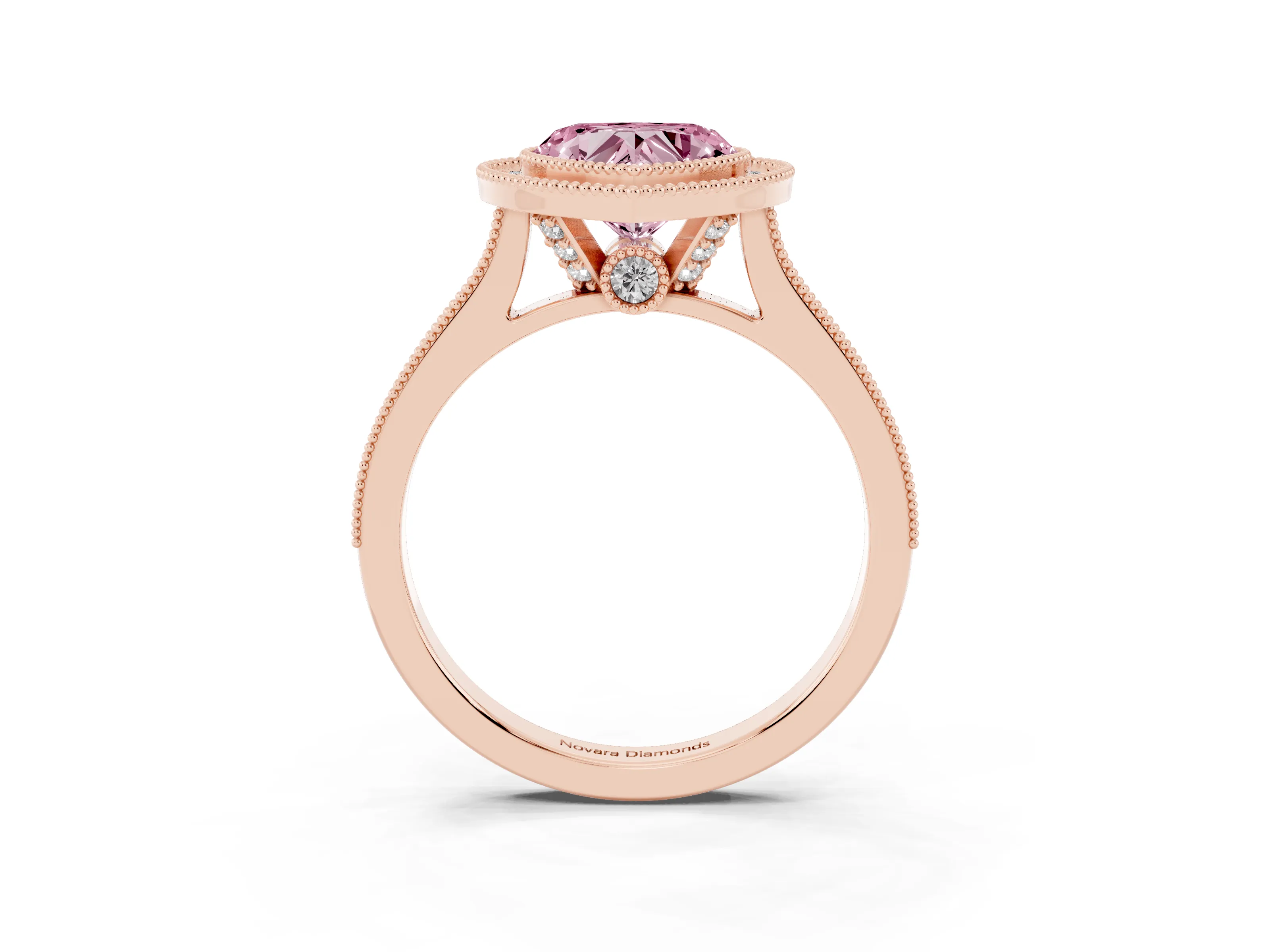 Fancy Pink Heart Cut Diamond Halo Milgrain Pavé Band Ring Set in Rose gold with Prong Setting