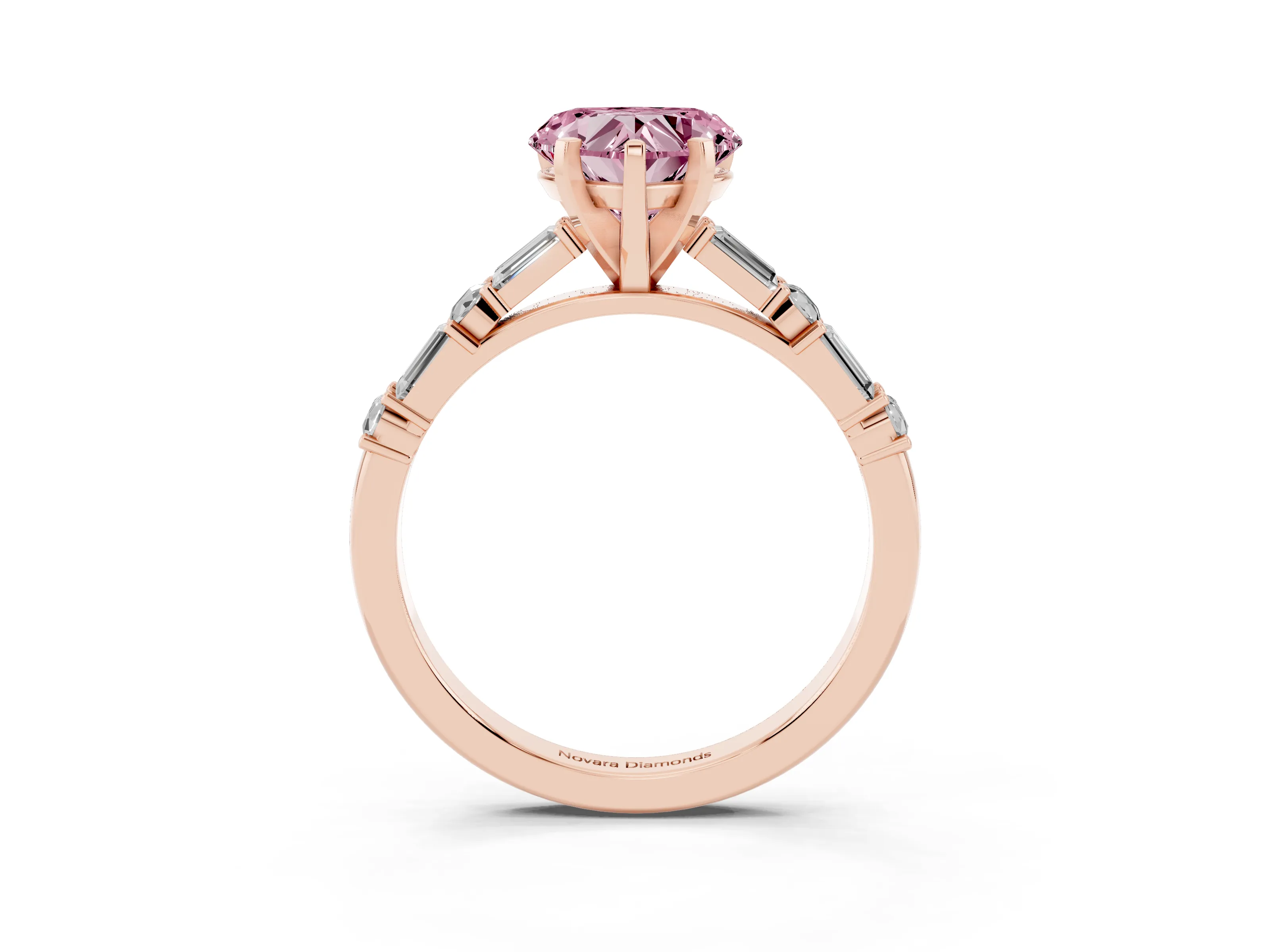 Fancy Pink Heart Cut Diamond Solitaire Set in Rose gold with Side Baguettes and Channel Set Band