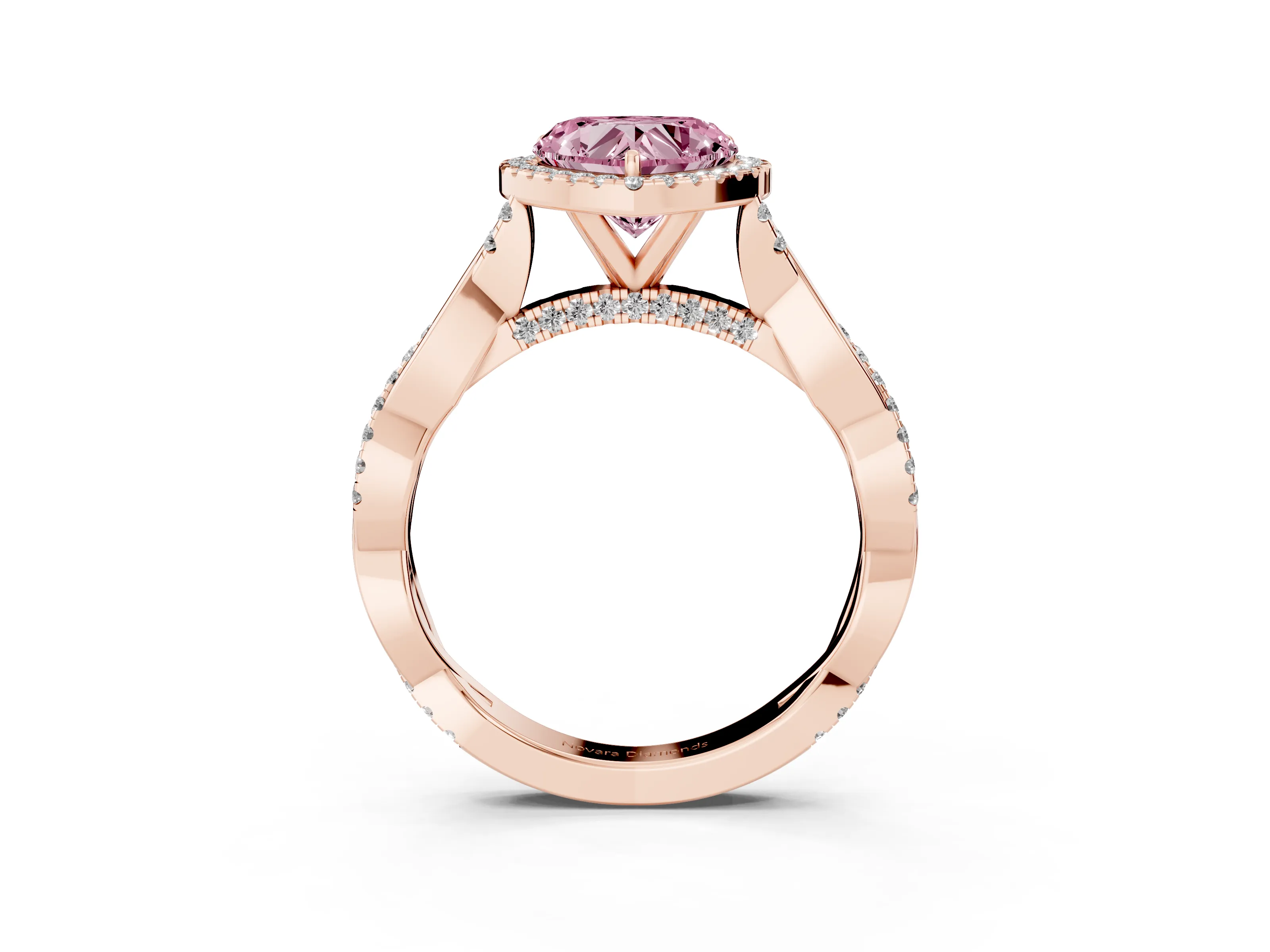 Fancy Pink Heart Cut Diamond Halo Twist Band Solitaire Ring Set in Rose gold with Prong Setting