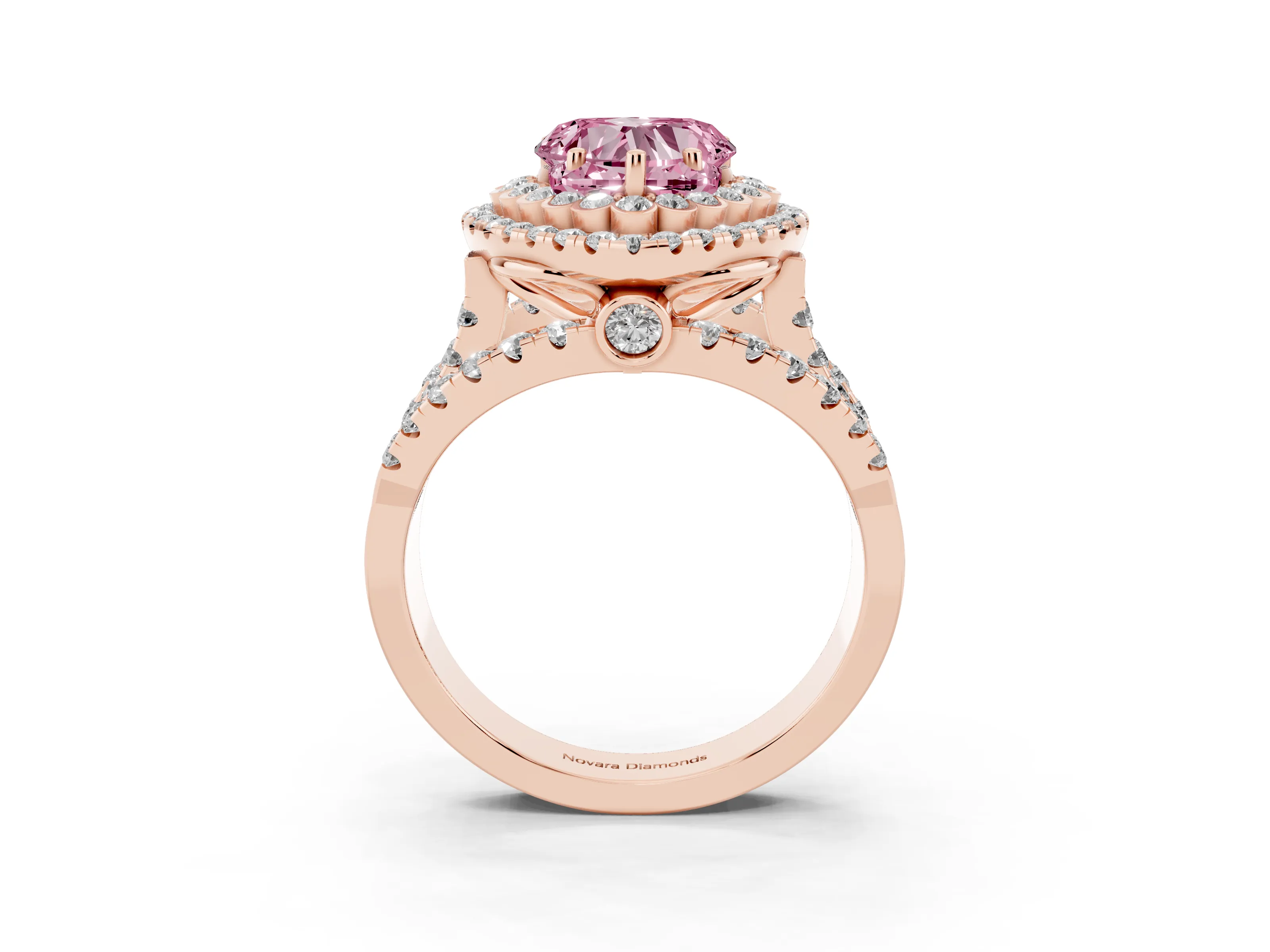 Fancy Pink Heart Cut Diamond Double Halo Ring Set in Rose gold with Round Pavé Split Shank