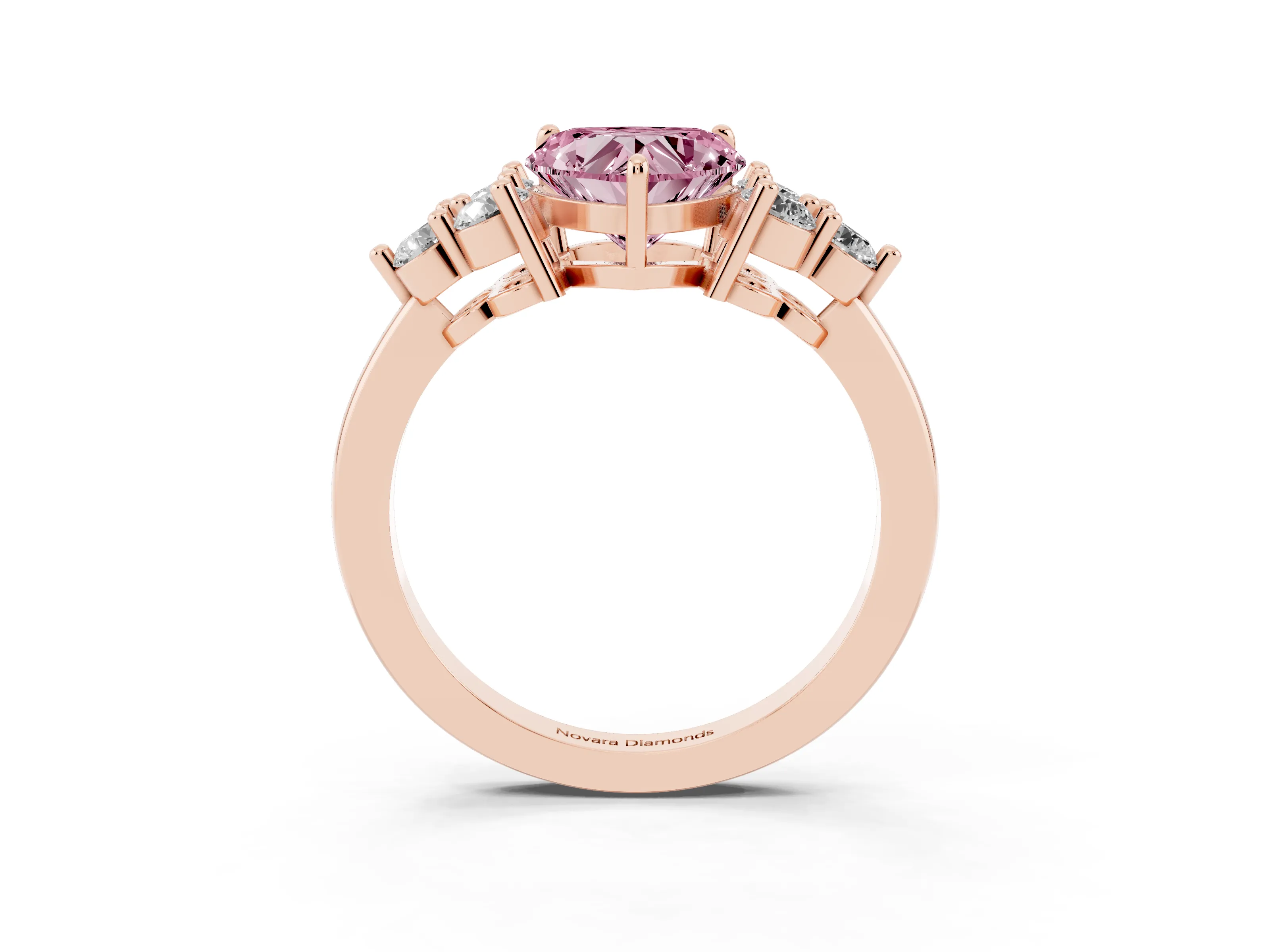 Fancy Pink Heart Cut Diamond Solitaire Ring Set in Rose gold with Cluster Accents on Each Side
