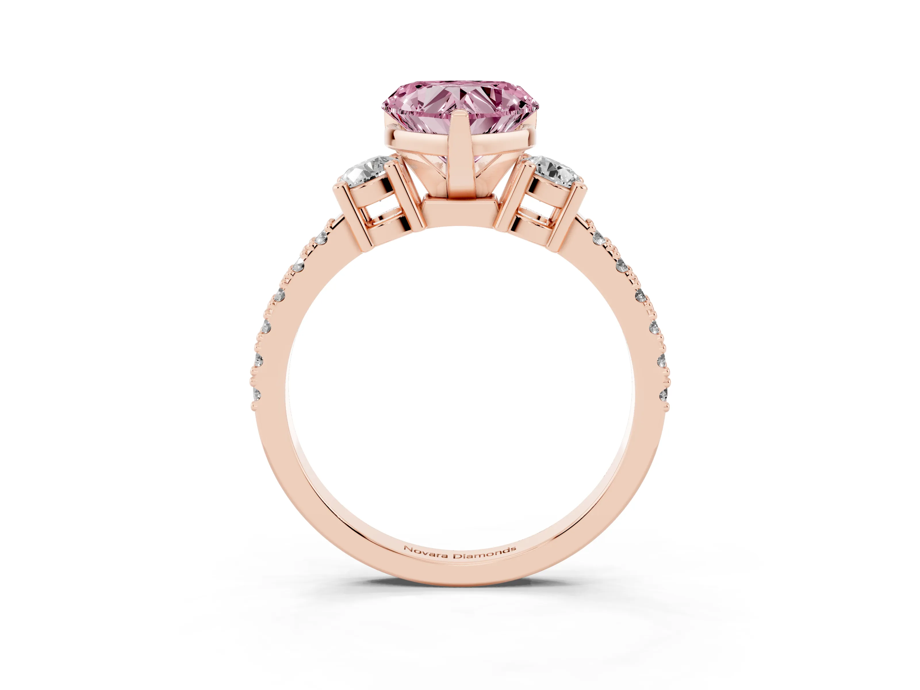 Fancy Pink Three-Stone Heart Cut Diamond Pavé Band Ring Set in Rose gold with Prong Setting