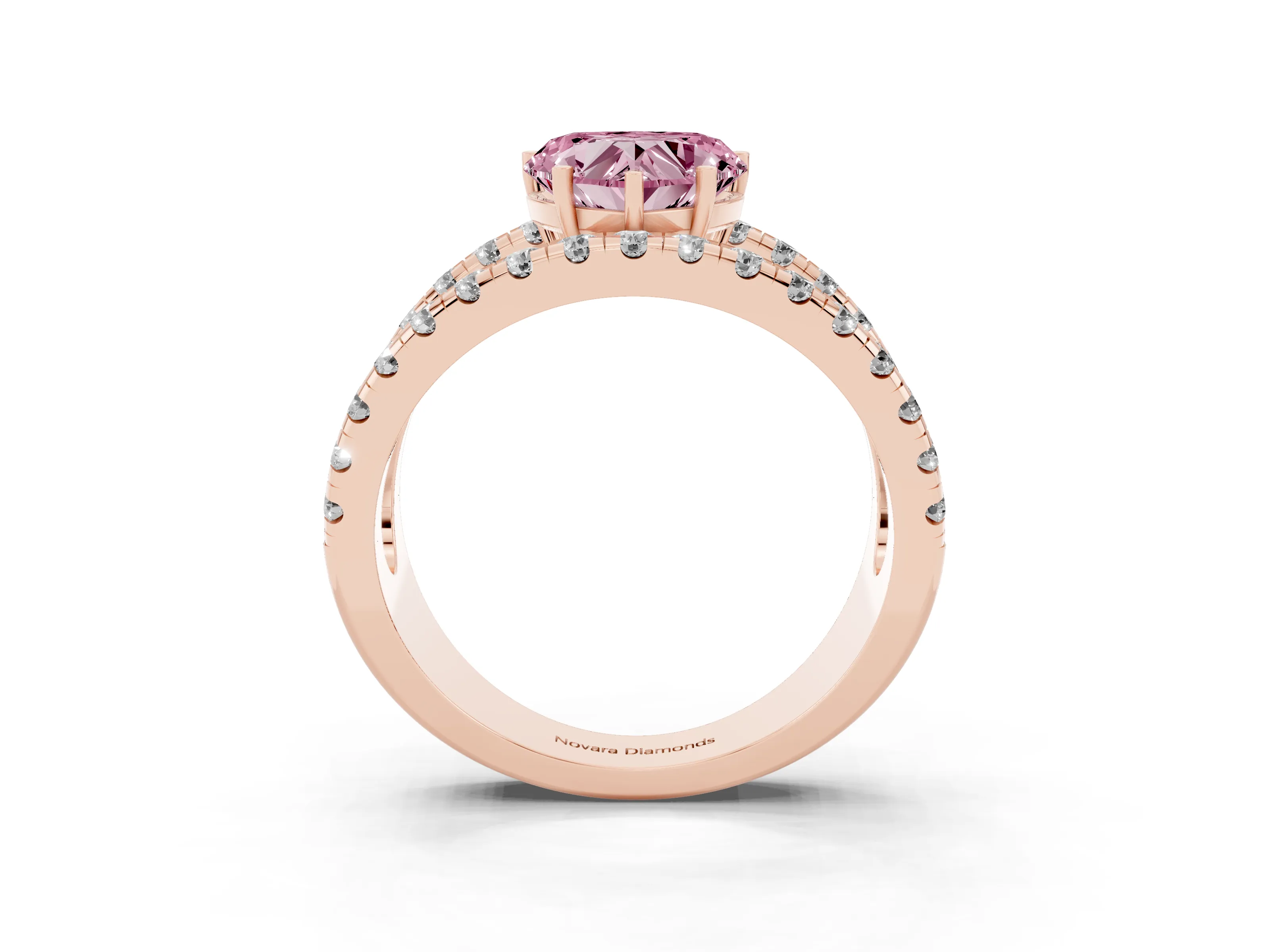 Fancy Pink Heart Cut Diamond Split Shank Pavé Solitaire Ring Set in Rose gold with Open Shank Design