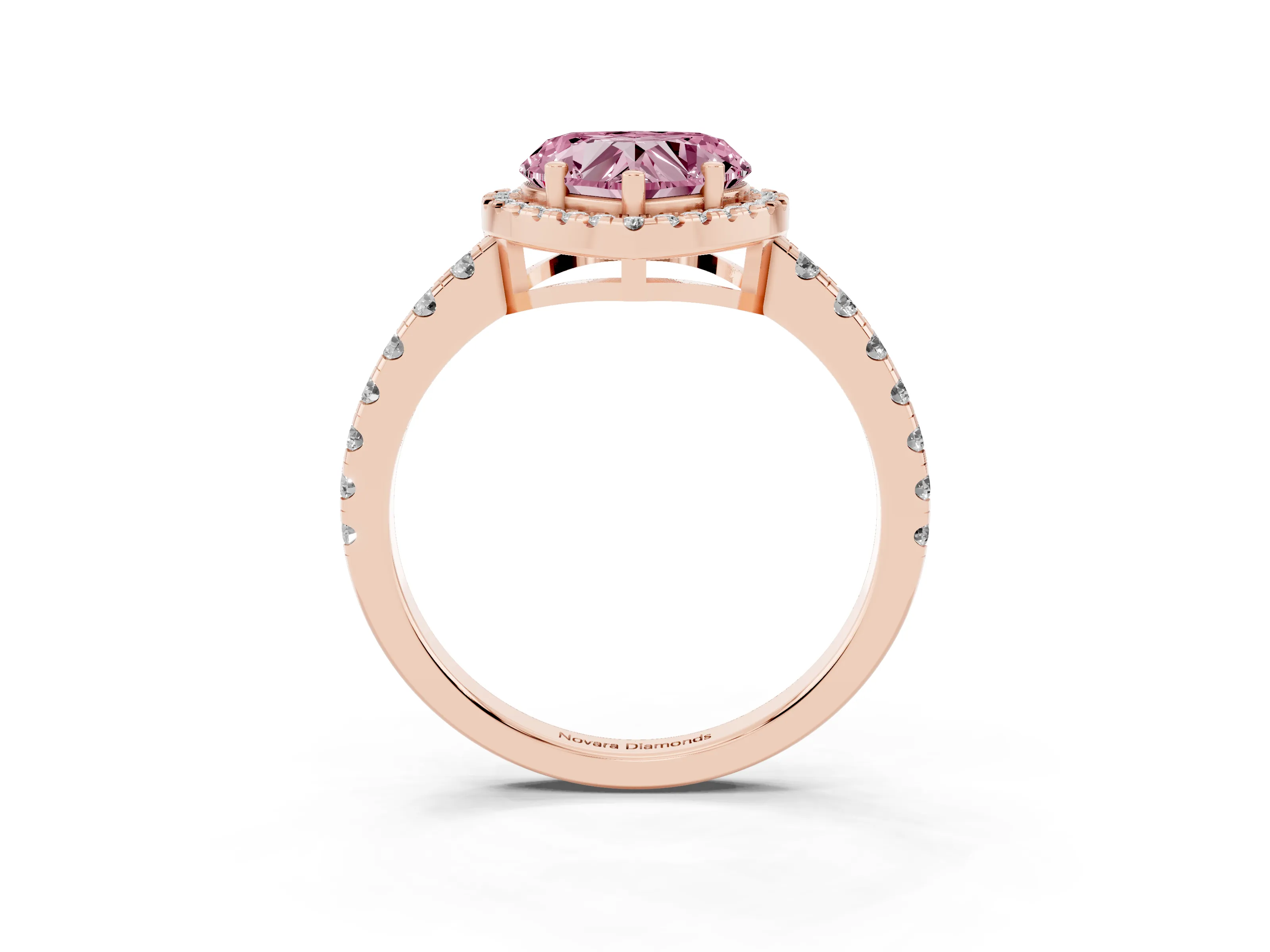 Fancy Pink Heart Cut Diamond Halo Ring Set in Rose gold with Delicate Pavé Band and Prong Setting