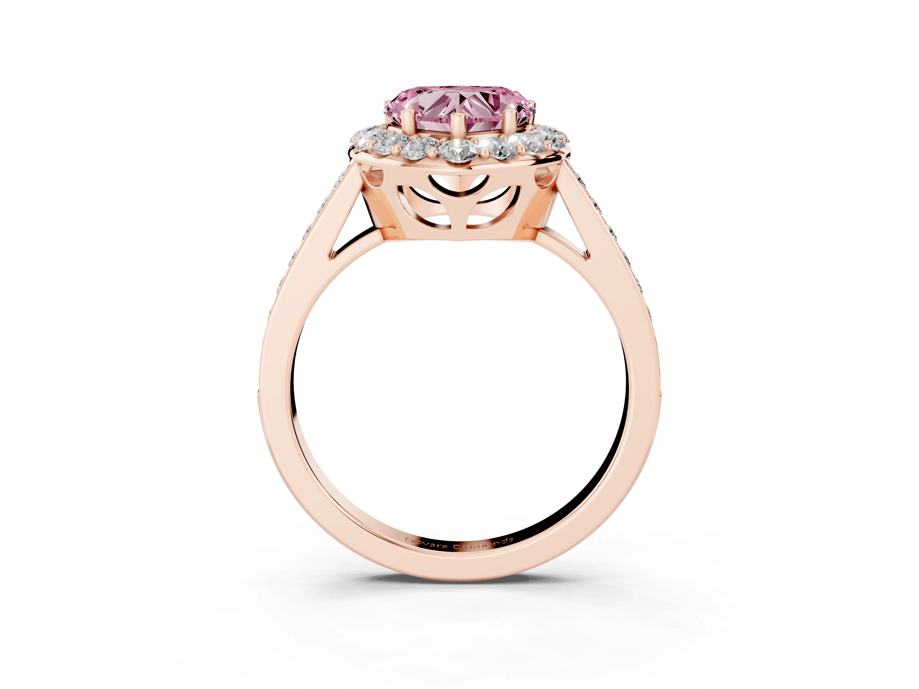 Fancy Pink Heart Cut Diamond Floral Halo Ring Set in Rose gold with Pavé Band and Prong Setting