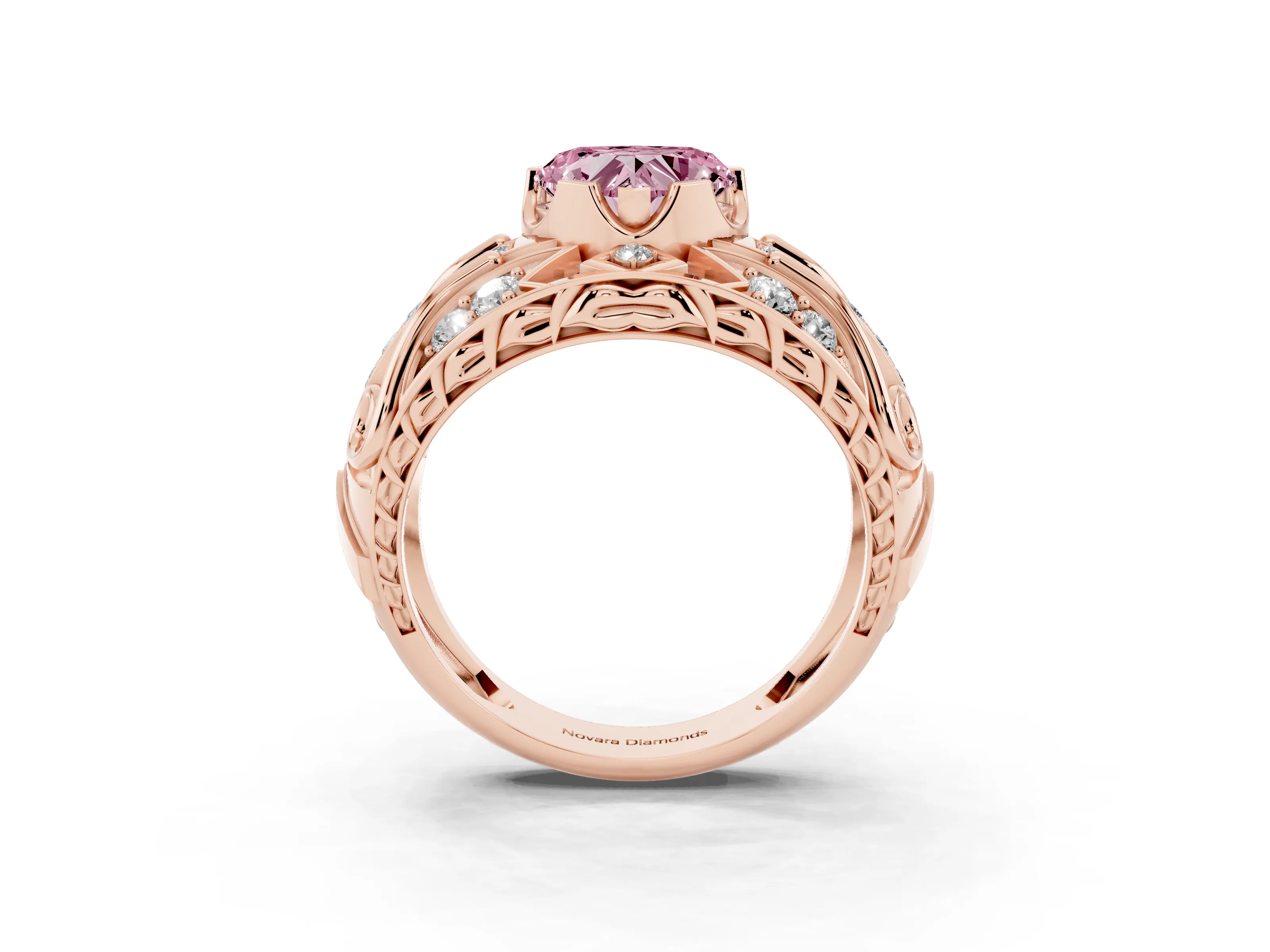 Fancy Pink Heart Cut Diamond Art Deco Ring Set in Rose gold with Pavé Split Shank