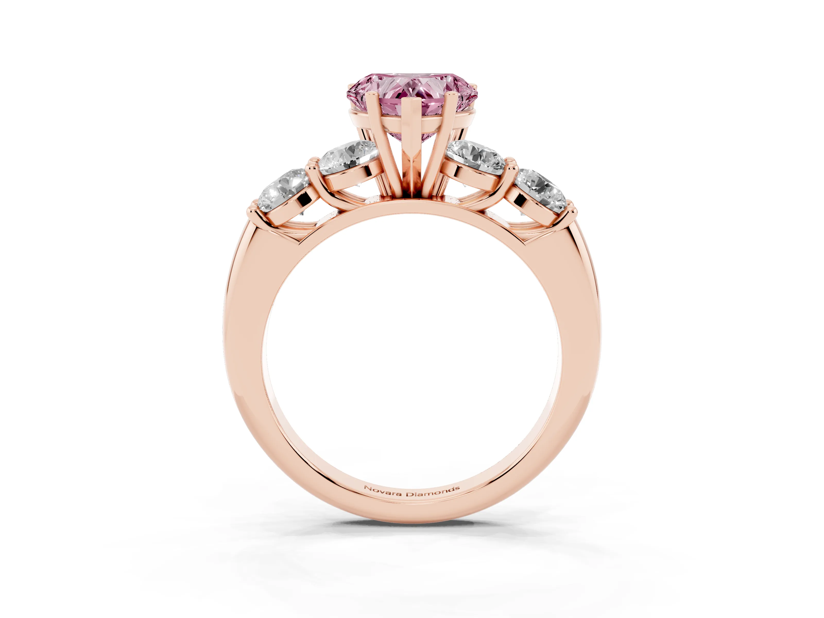 Fancy Pink Heart Cut Diamond Five-Stone Prong Set Ring Set in Rose gold with Classic Band