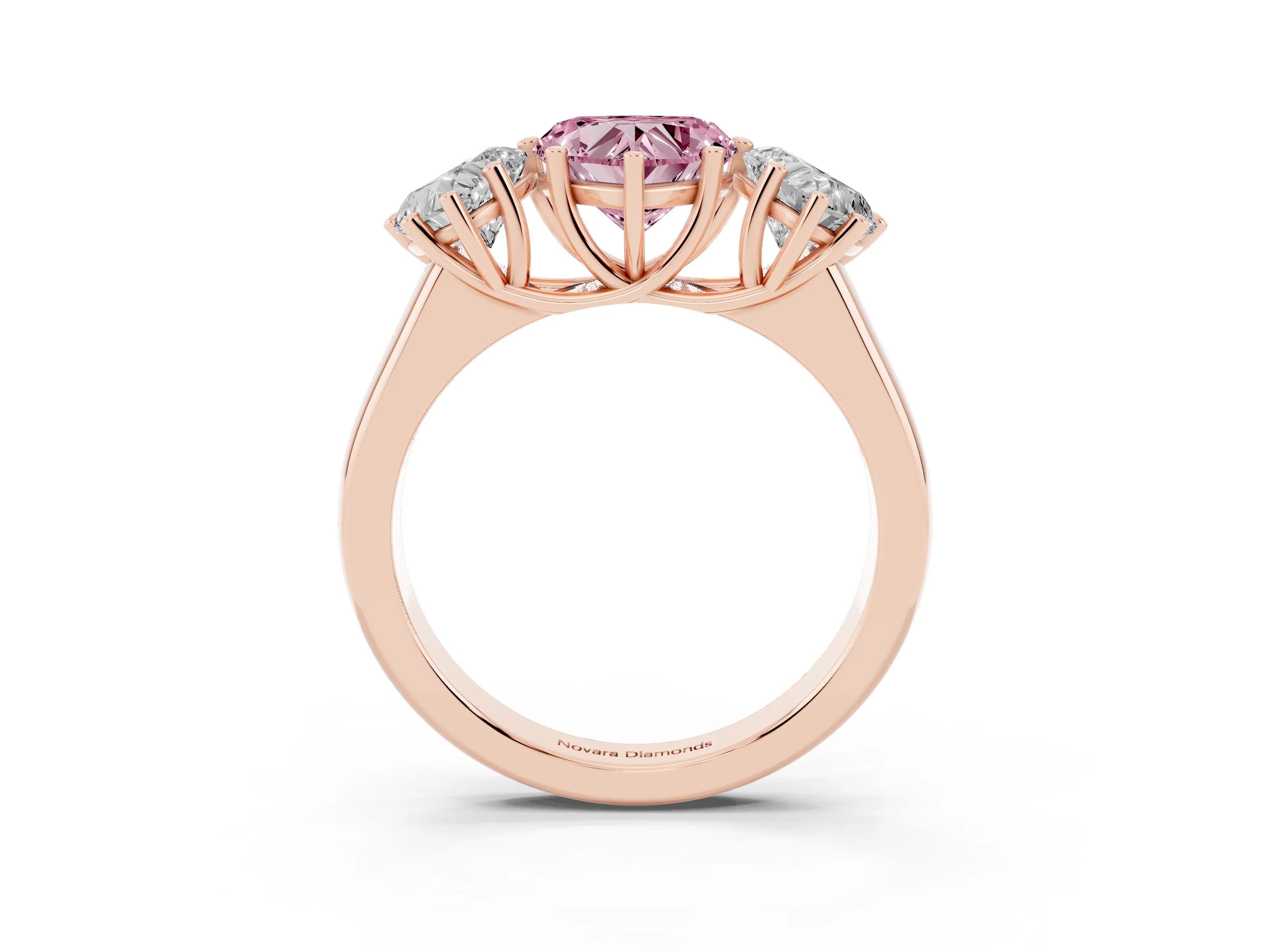 Fancy Pink Heart Cut Diamond Three-Stone Ring Set in Rose gold with Plain Polished Band