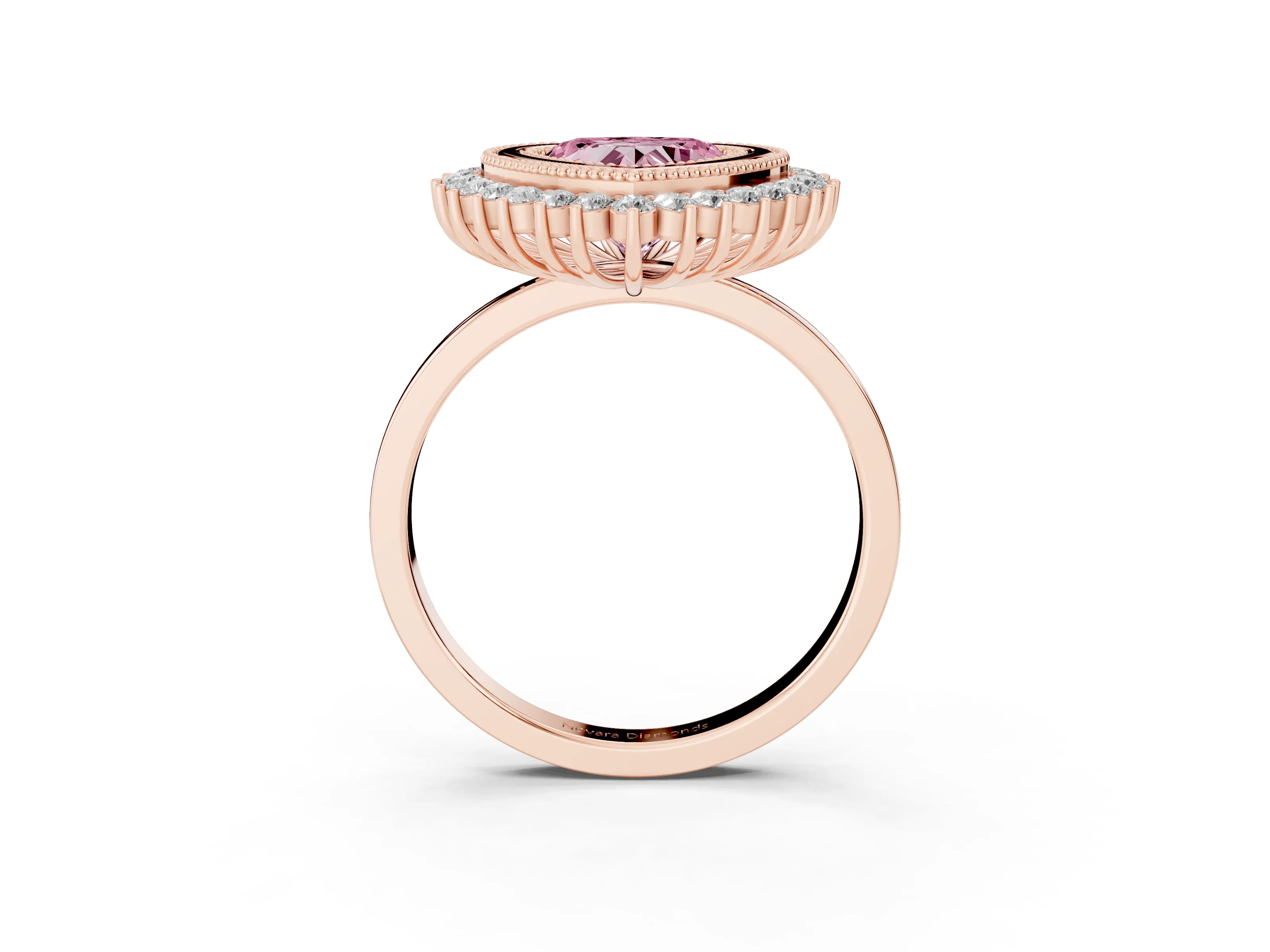 Fancy Pink Heart Cut Diamond Halo Ring Set in Rose gold with Milgrain Edge and Round Prong Setting